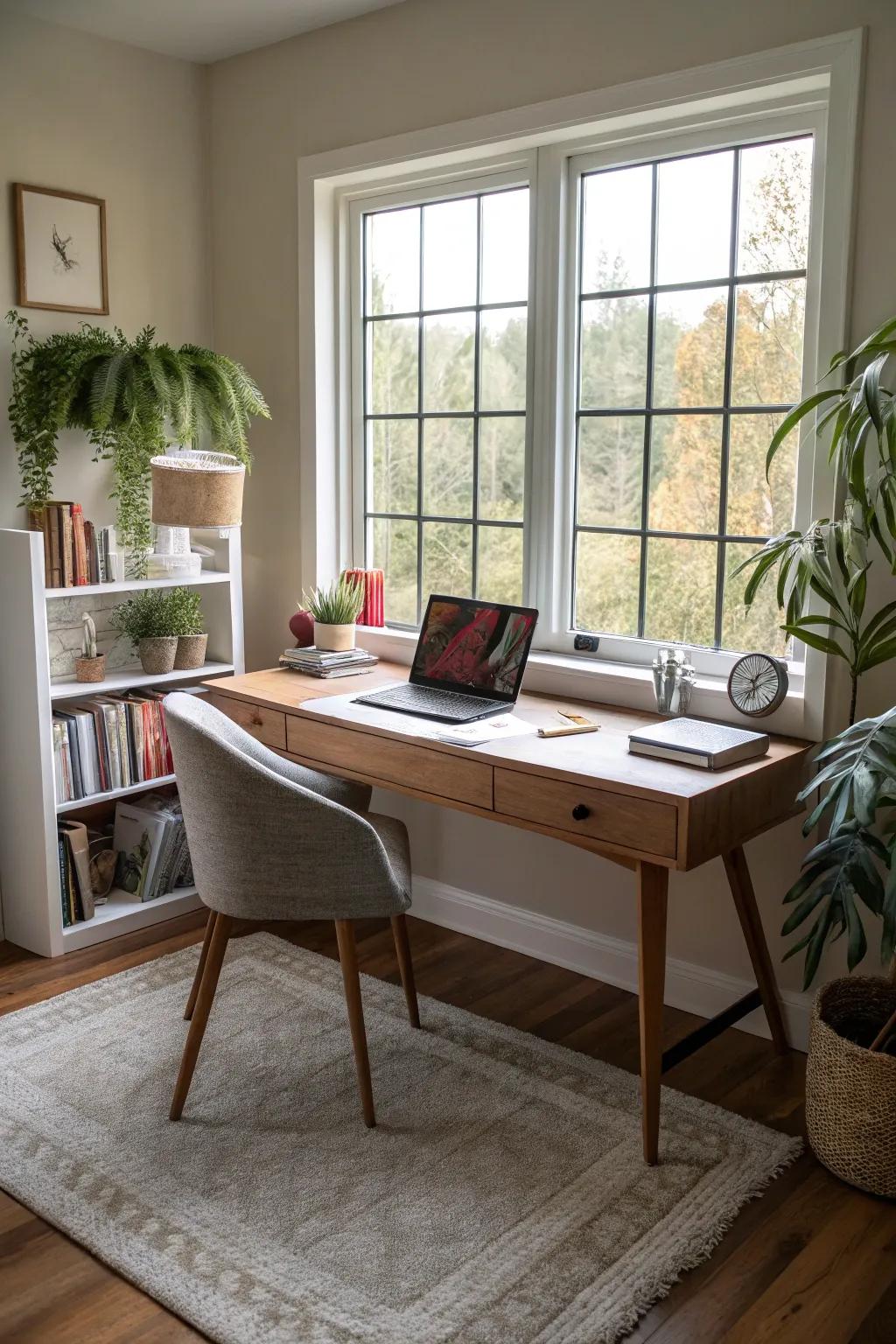 A soft rug adds texture and warmth to the workspace.