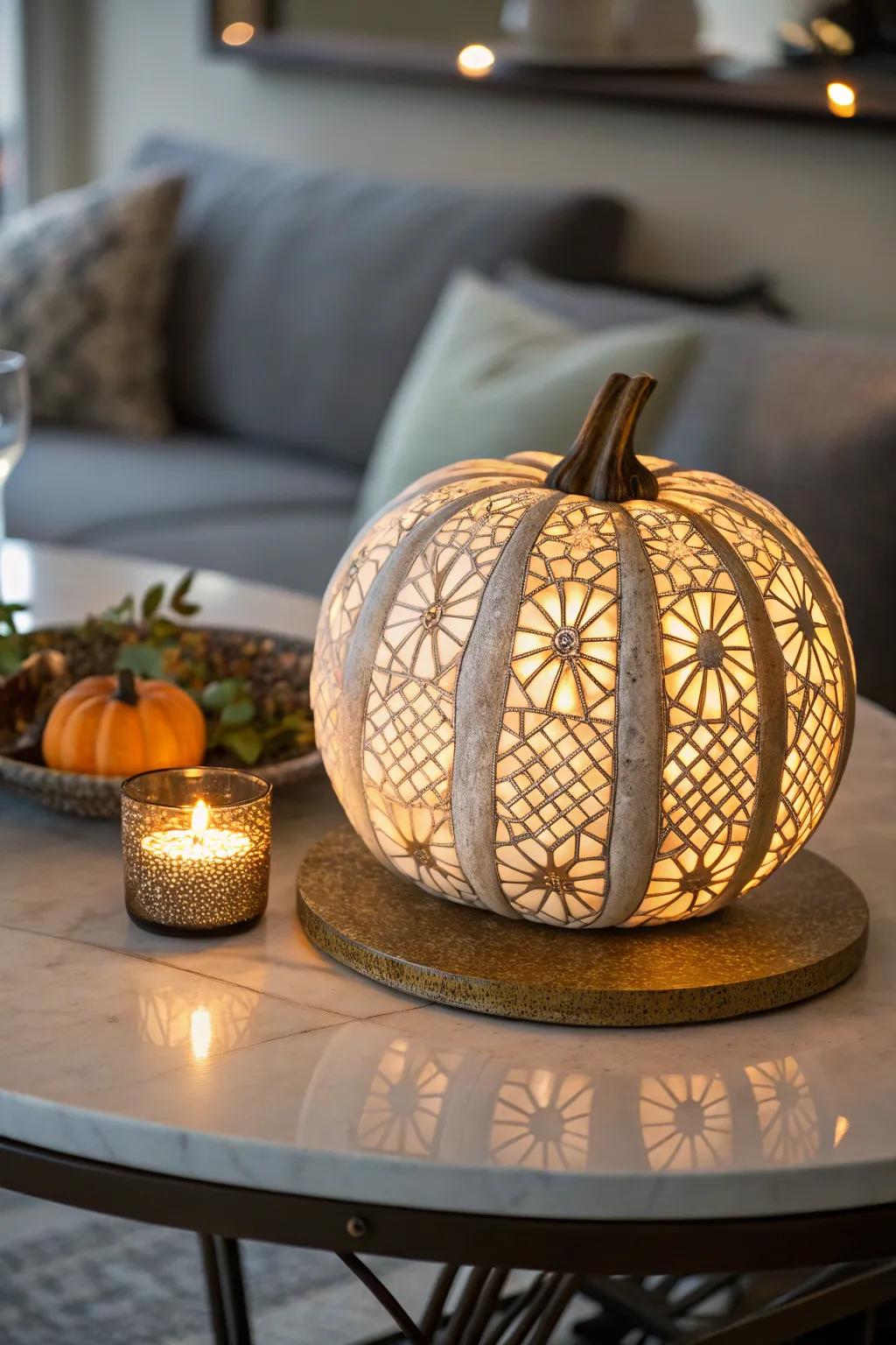 Tiled carvings illuminate the night.