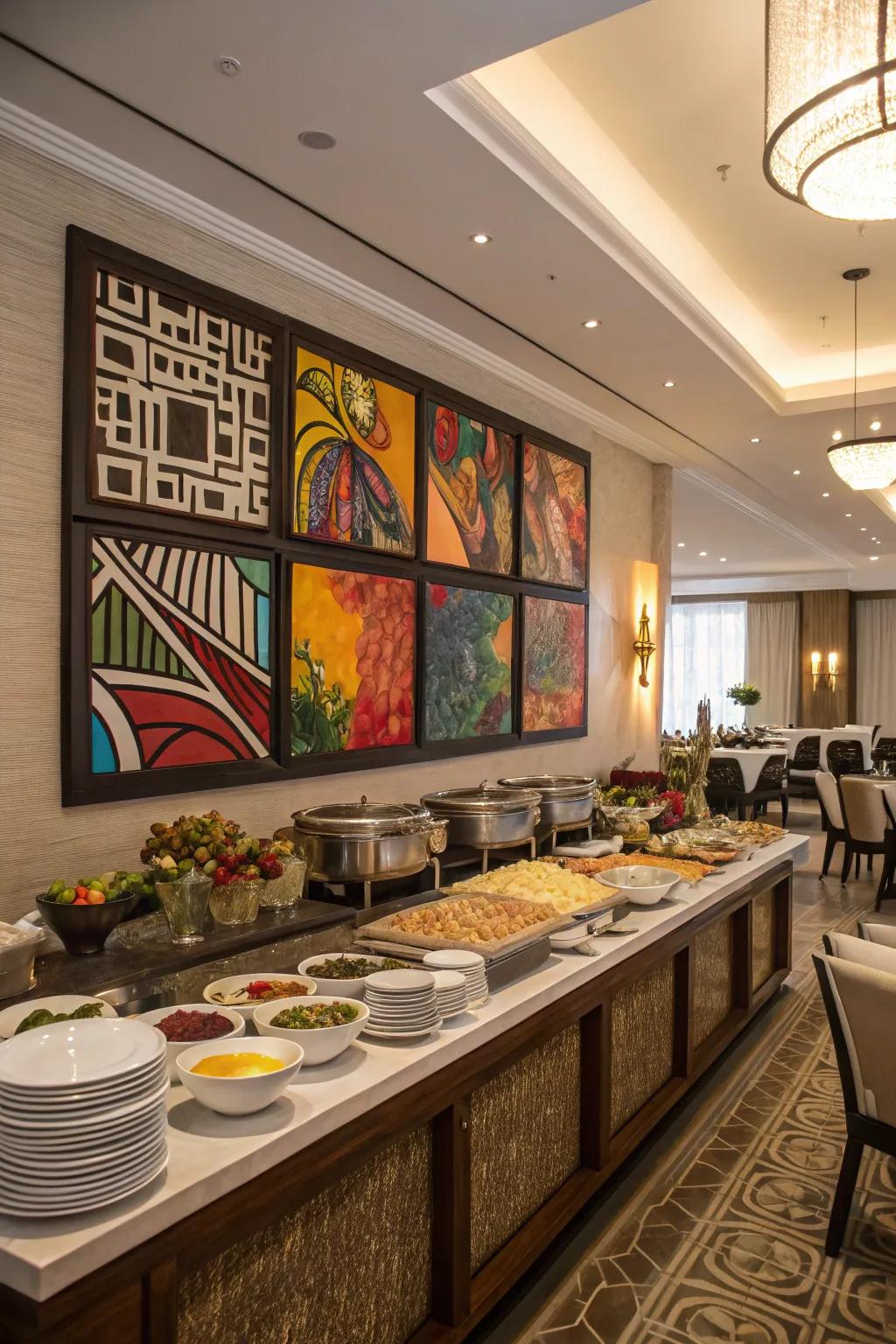Striking wall art elevates the style of this dining buffet.