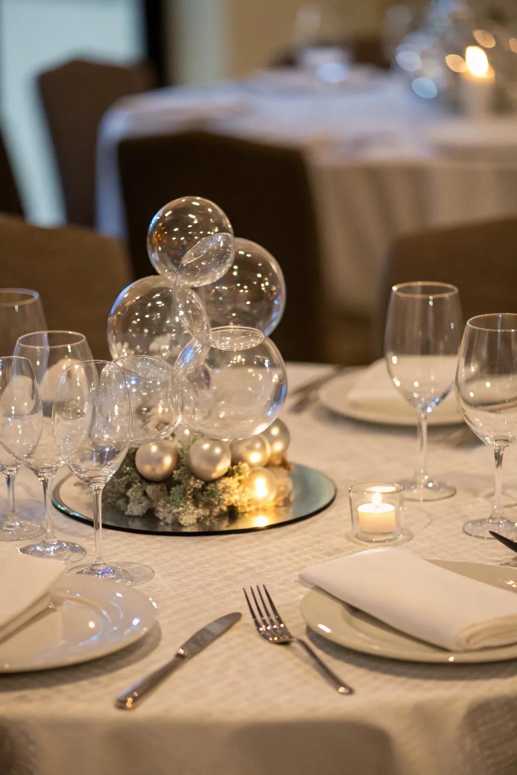 An exceptional centerpiece featuring crystal spheres enriches the table's charm.