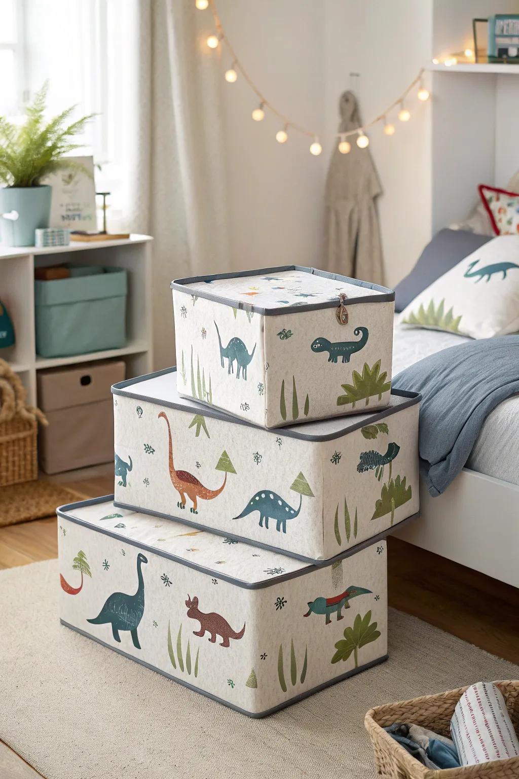 Reptile-marked containers optimizing under-bed space.