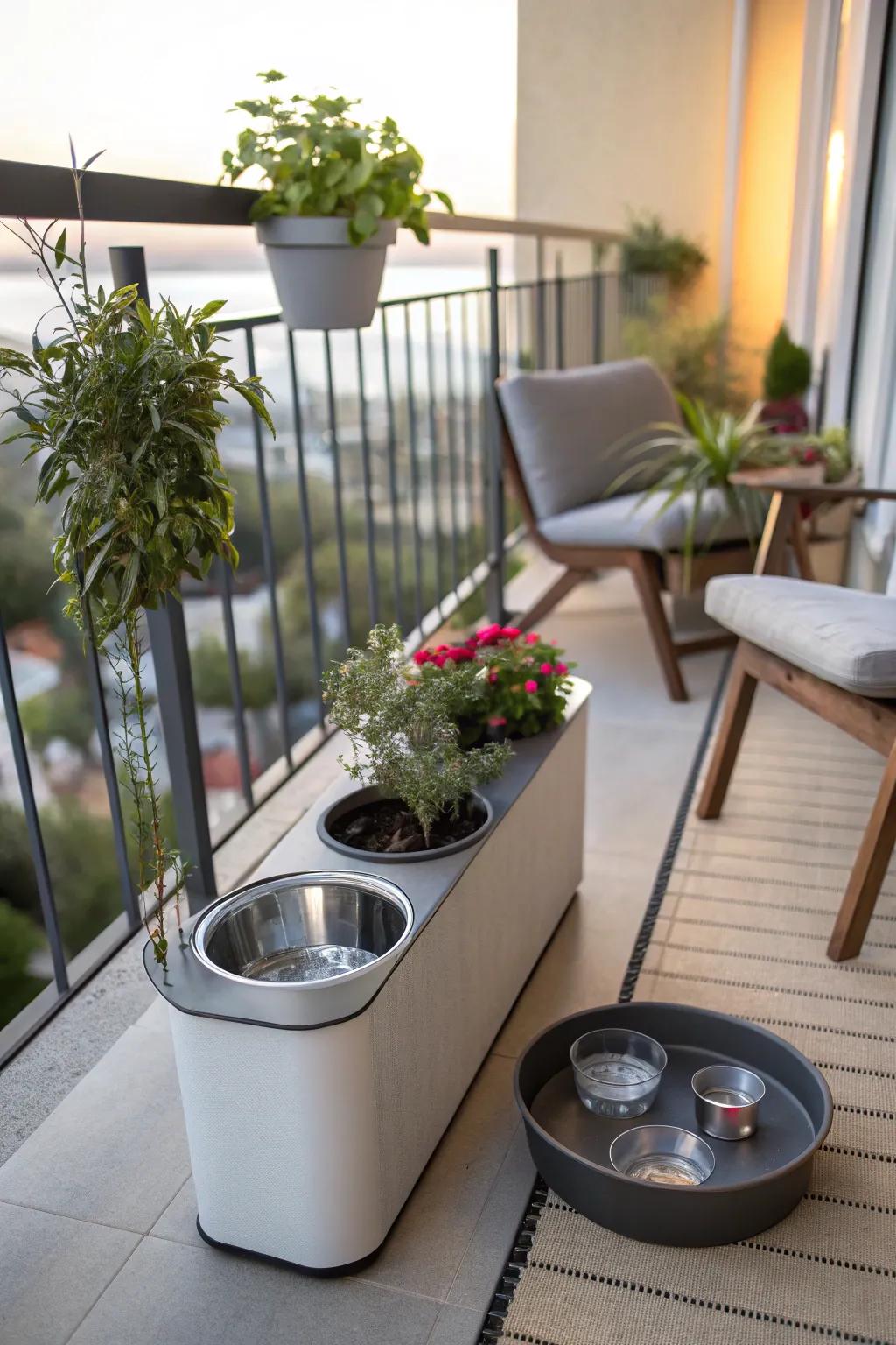 Elegant hydration stations ensure dogs stay hydrated and the balcony remains organized.