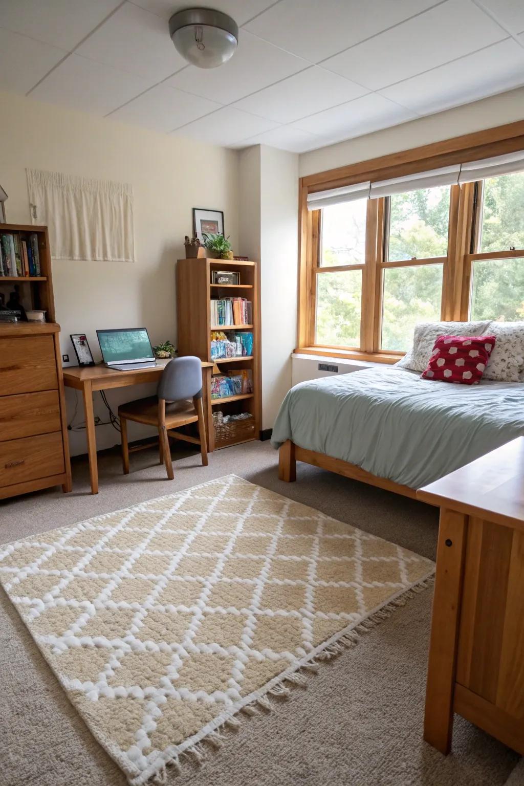 A comfy rug warms any bland dorm.