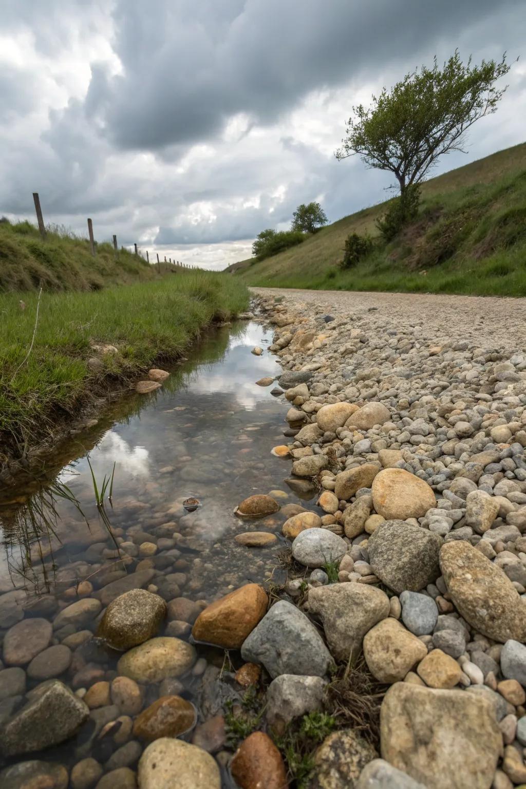 A diverse combination of stone textures enriches the dimension of this drainage swale.