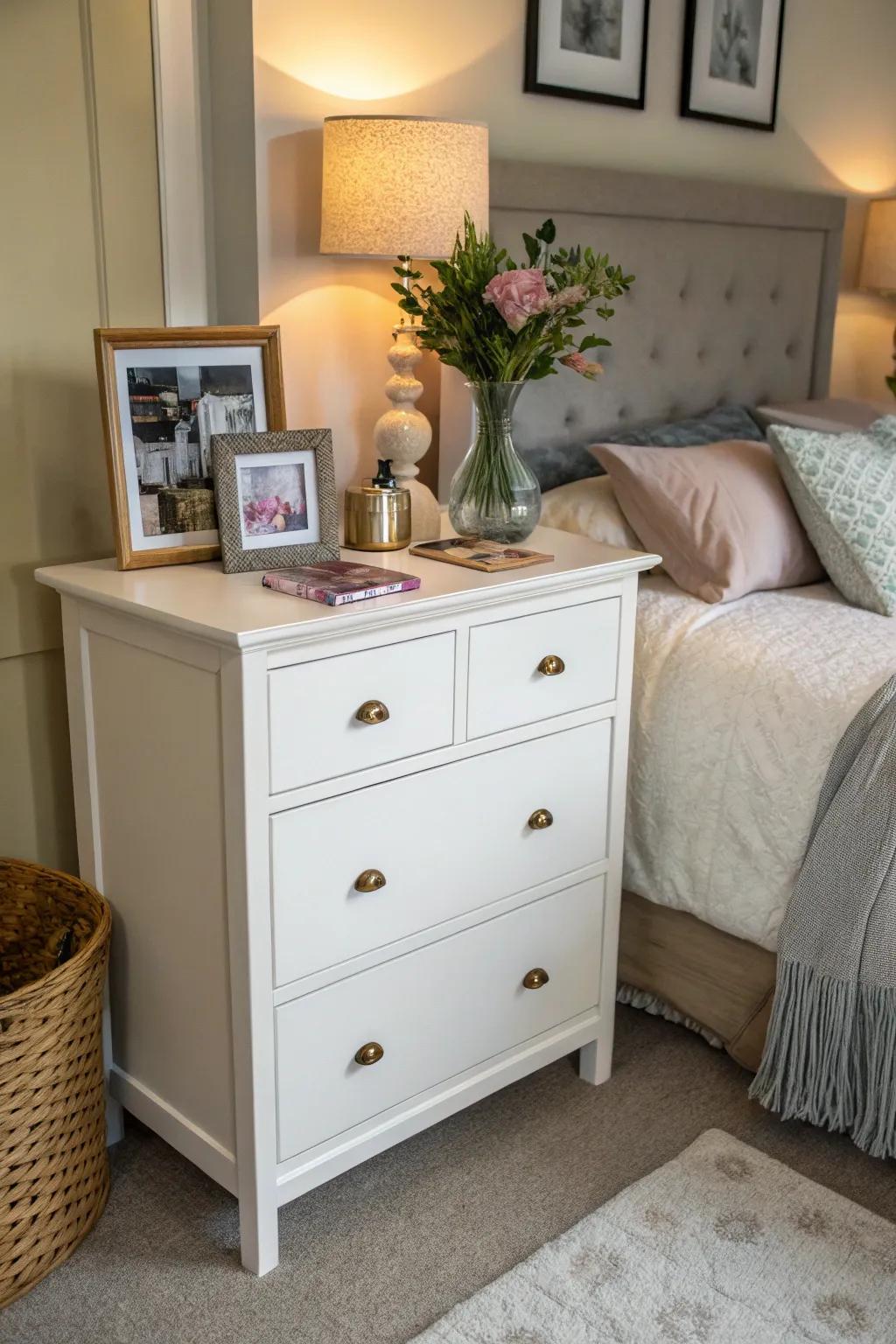 A dual-purpose dresser serving as both storage and a vanity in a compact bedroom.