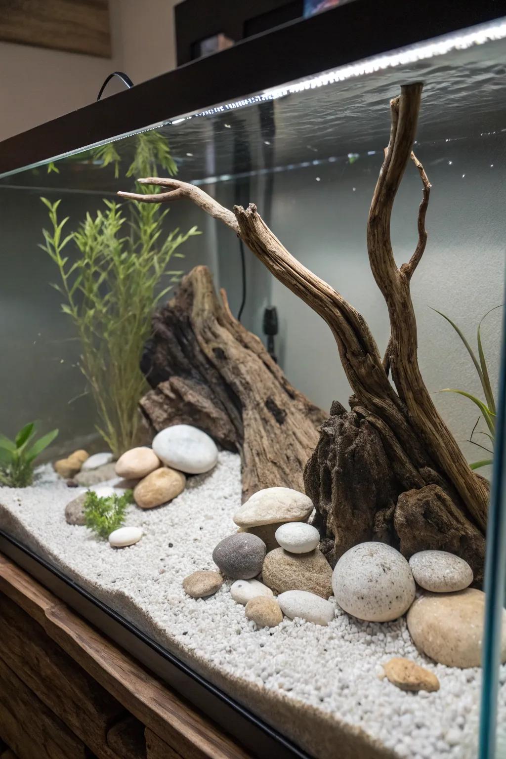 A tranquil Zen garden aquarium showcasing minimalist bogwood and polished stones.