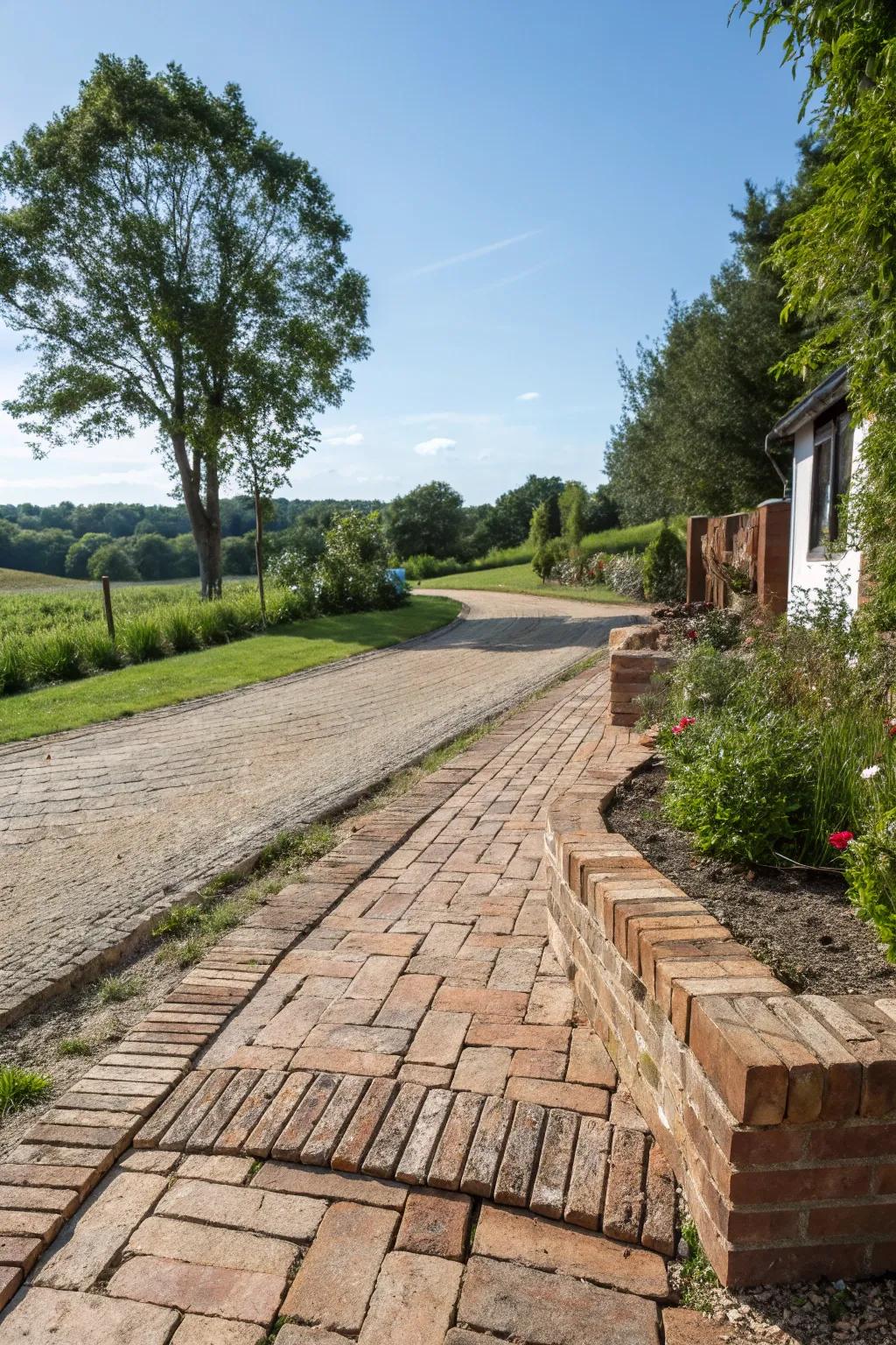 Eco-friendly driveway border utilizing reclaimed materials.