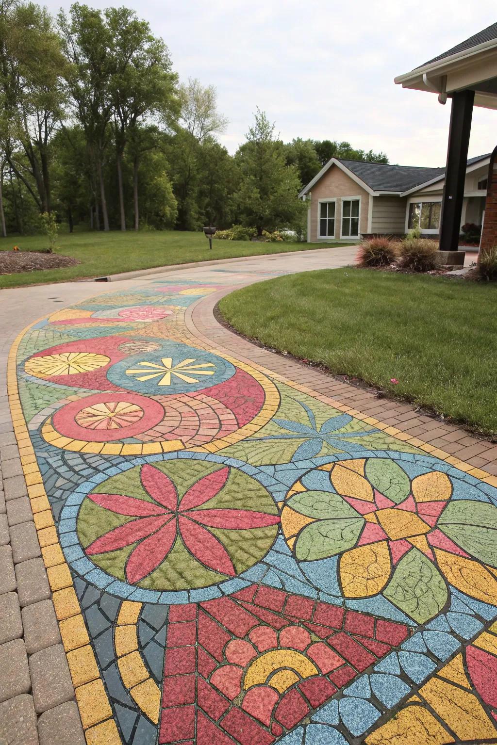 A vibrant mosaic design transforms a driveway into an artistic declaration.