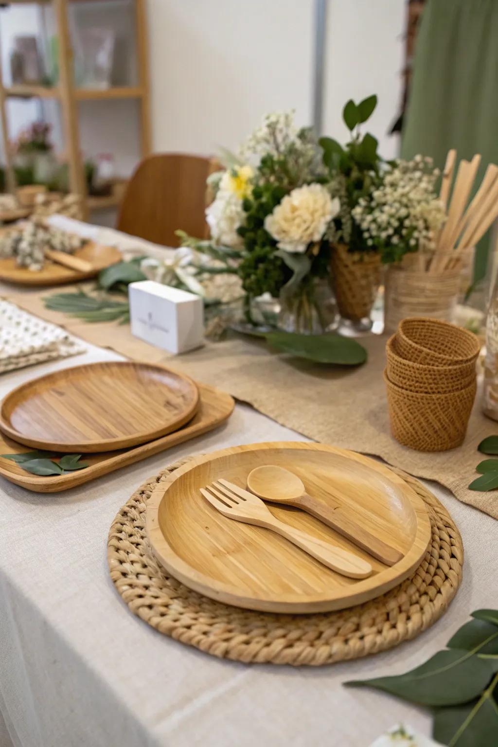 Sustainable dining sets harmonize with the natural theme.