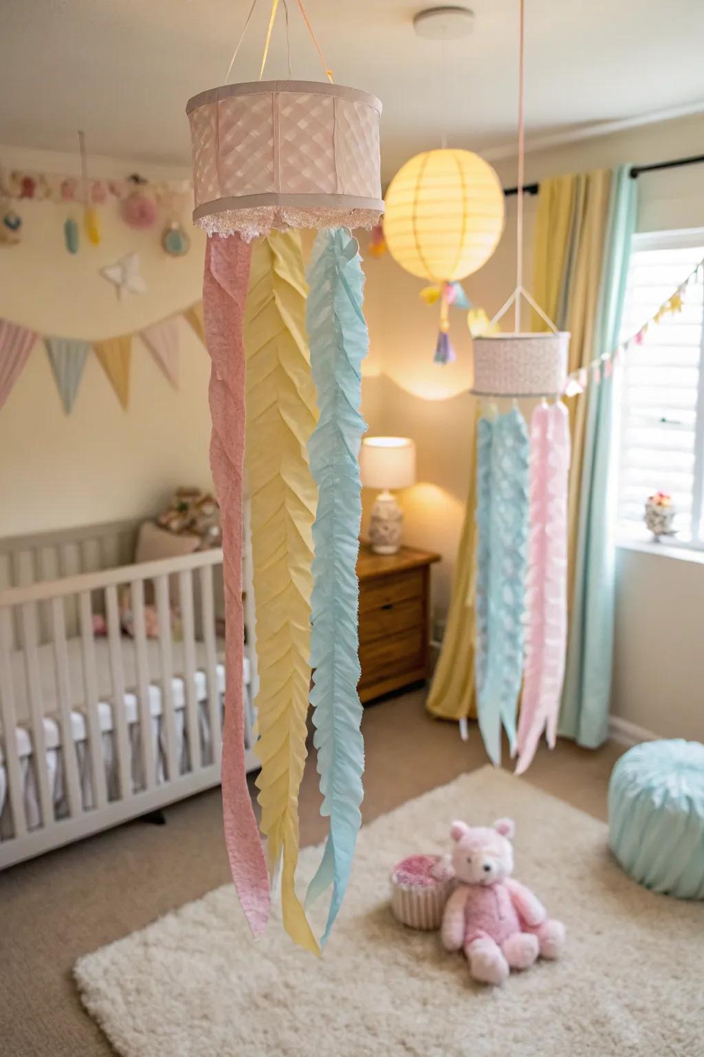 Produce a dreamy ambiance with suspended crepe designs.