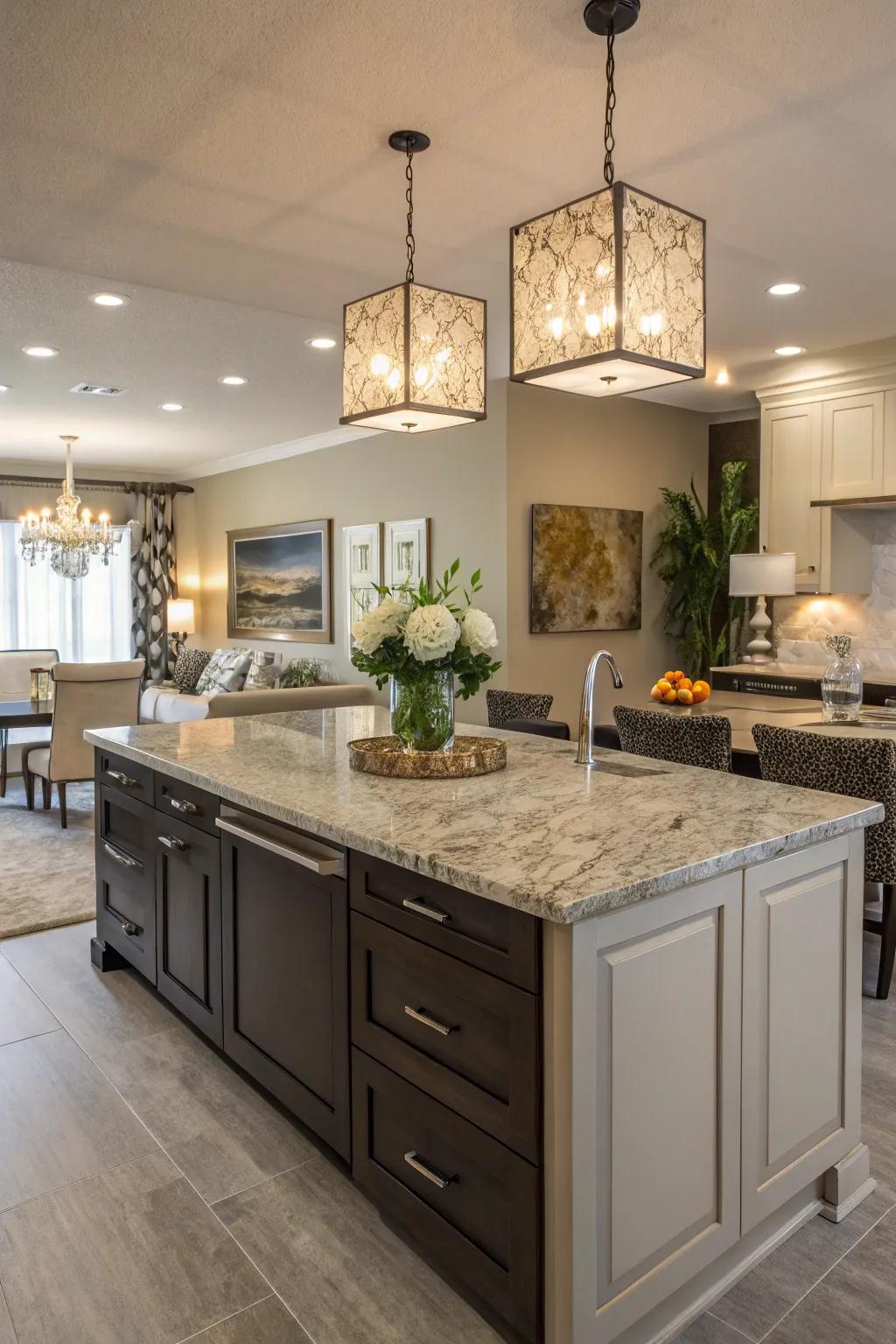 A stylish island featuring a deluxe real stone surface.