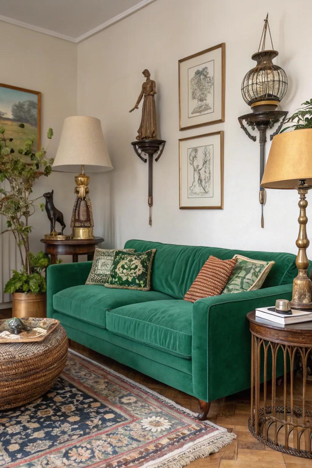 Individual decorative pieces give an emerald green sofa character.