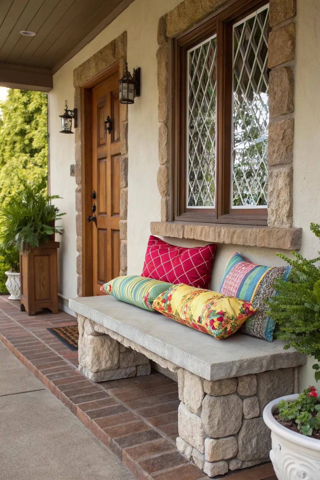A cozy rock bench complete with paddings presents an ideal location for relaxation.