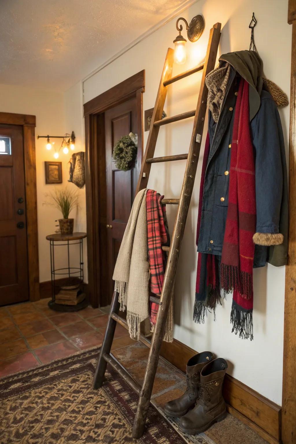Repurpose a classic ladder for a creative overcoat rack solution.