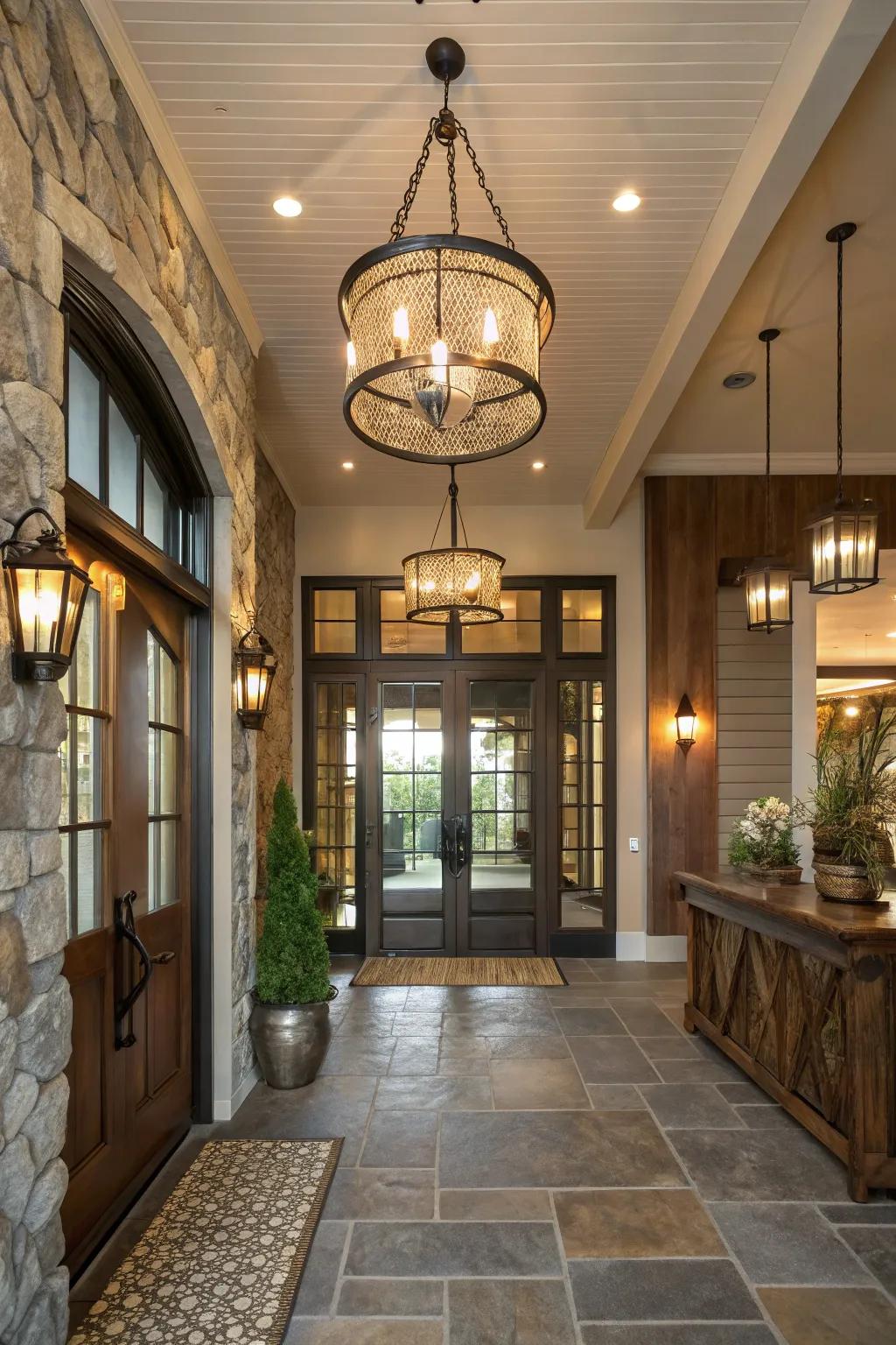 Mixed material lighting apparatuses add texture and interest to this entryway.