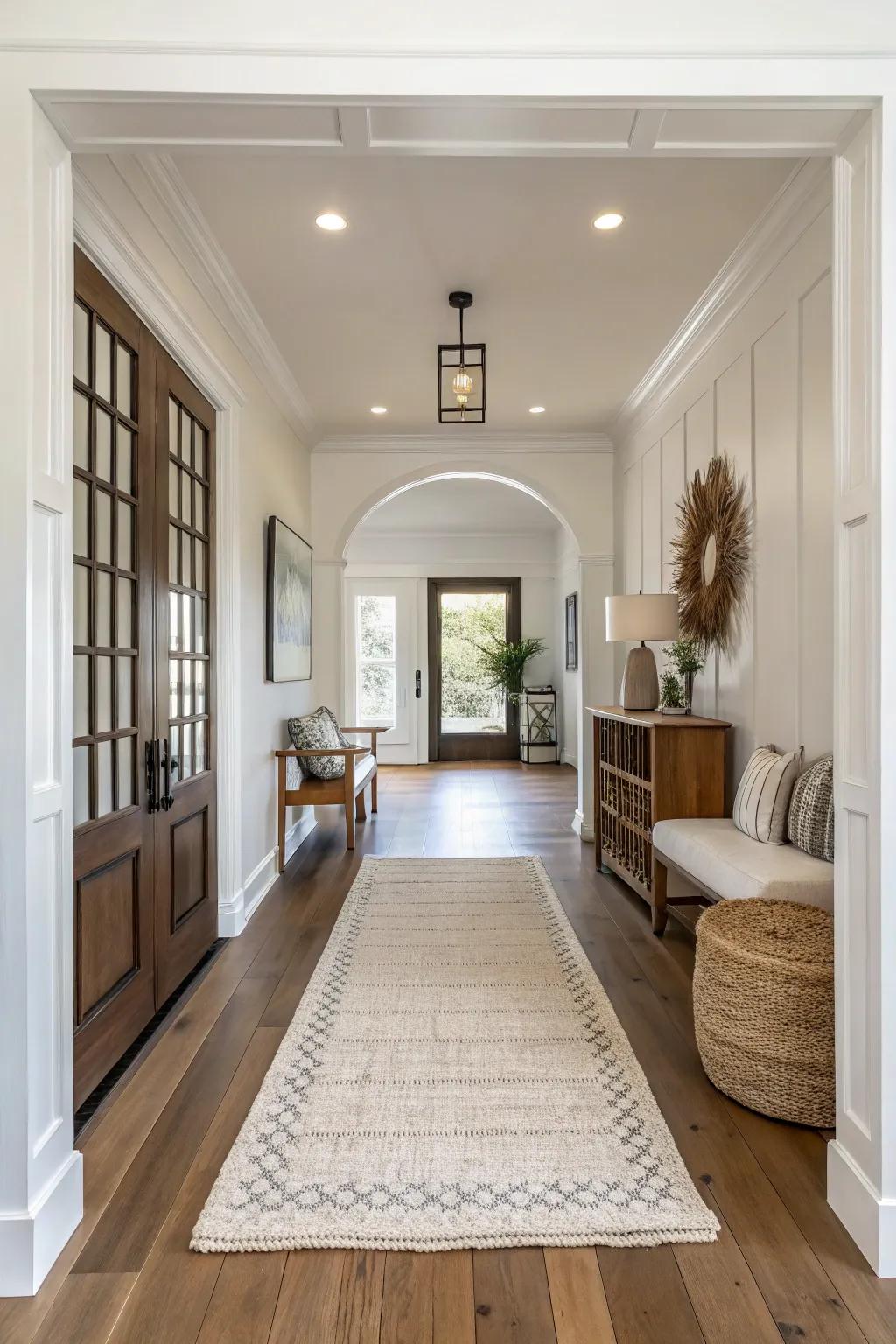 A rug that mixes with the flooring can fashion a seamless transition in your entryway.