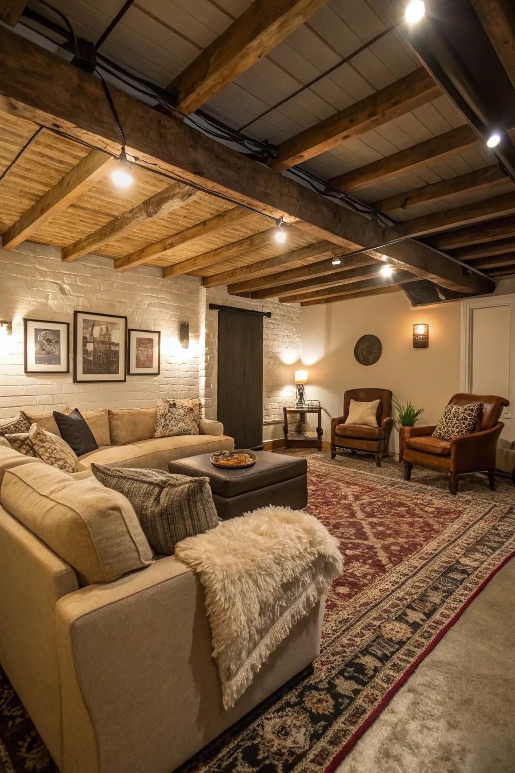 A snug, welcoming basement lounge space.