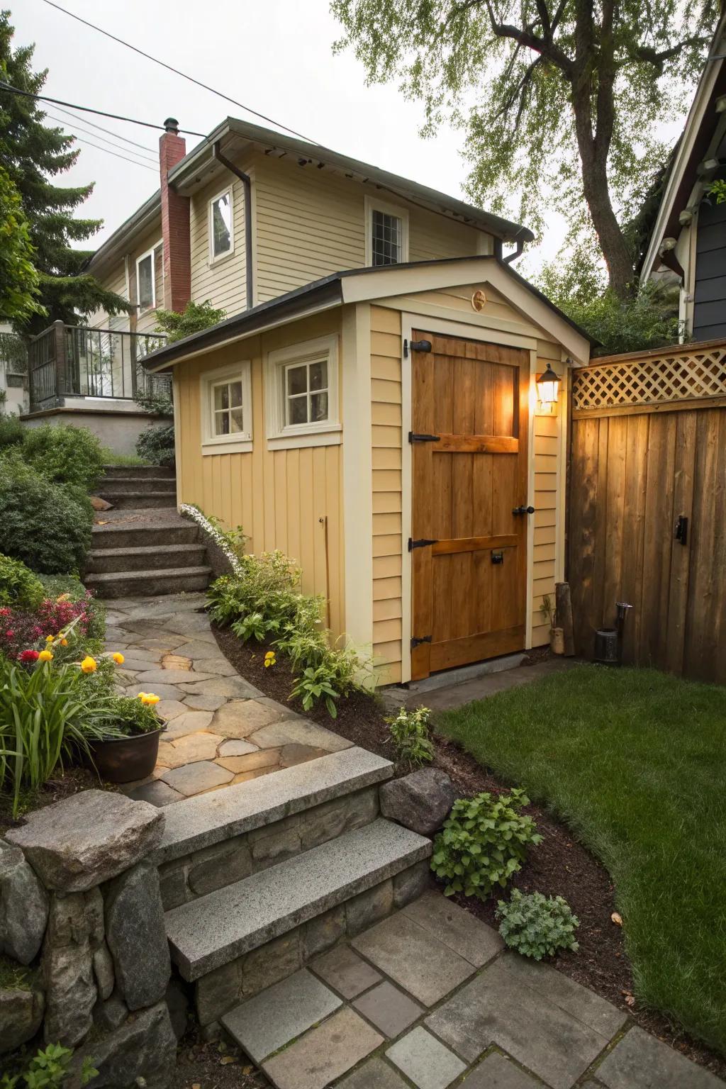 A small shed adds storage and charm to your entrance.