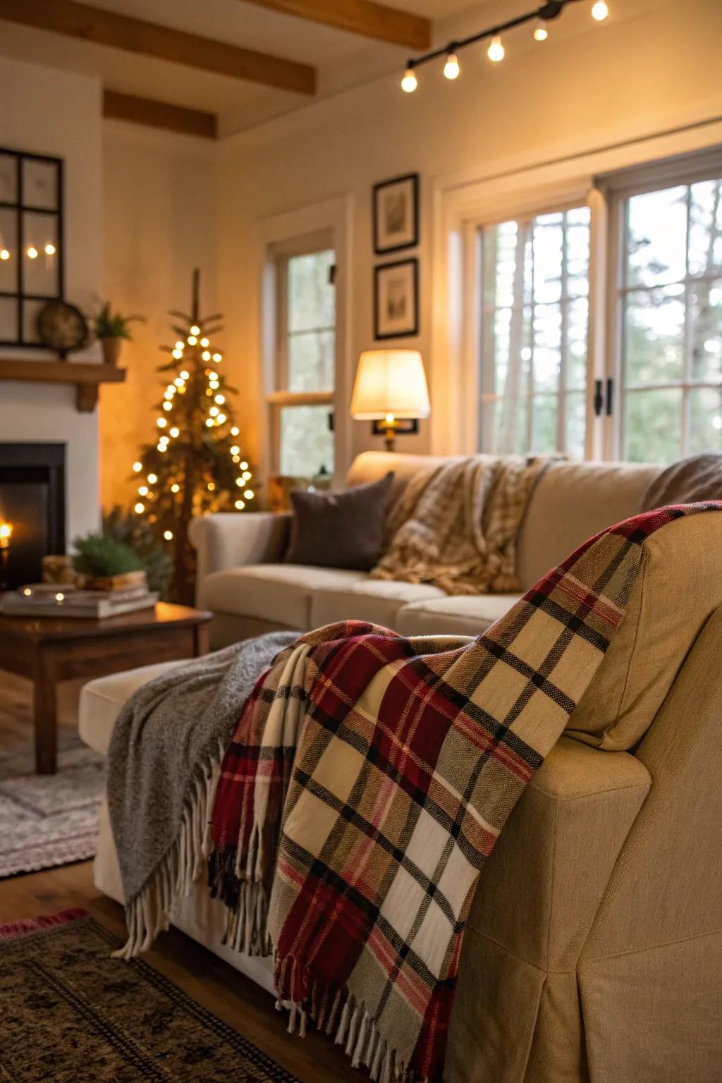 Patterned throws contribute an embracing and chic layer to your autumn decor.