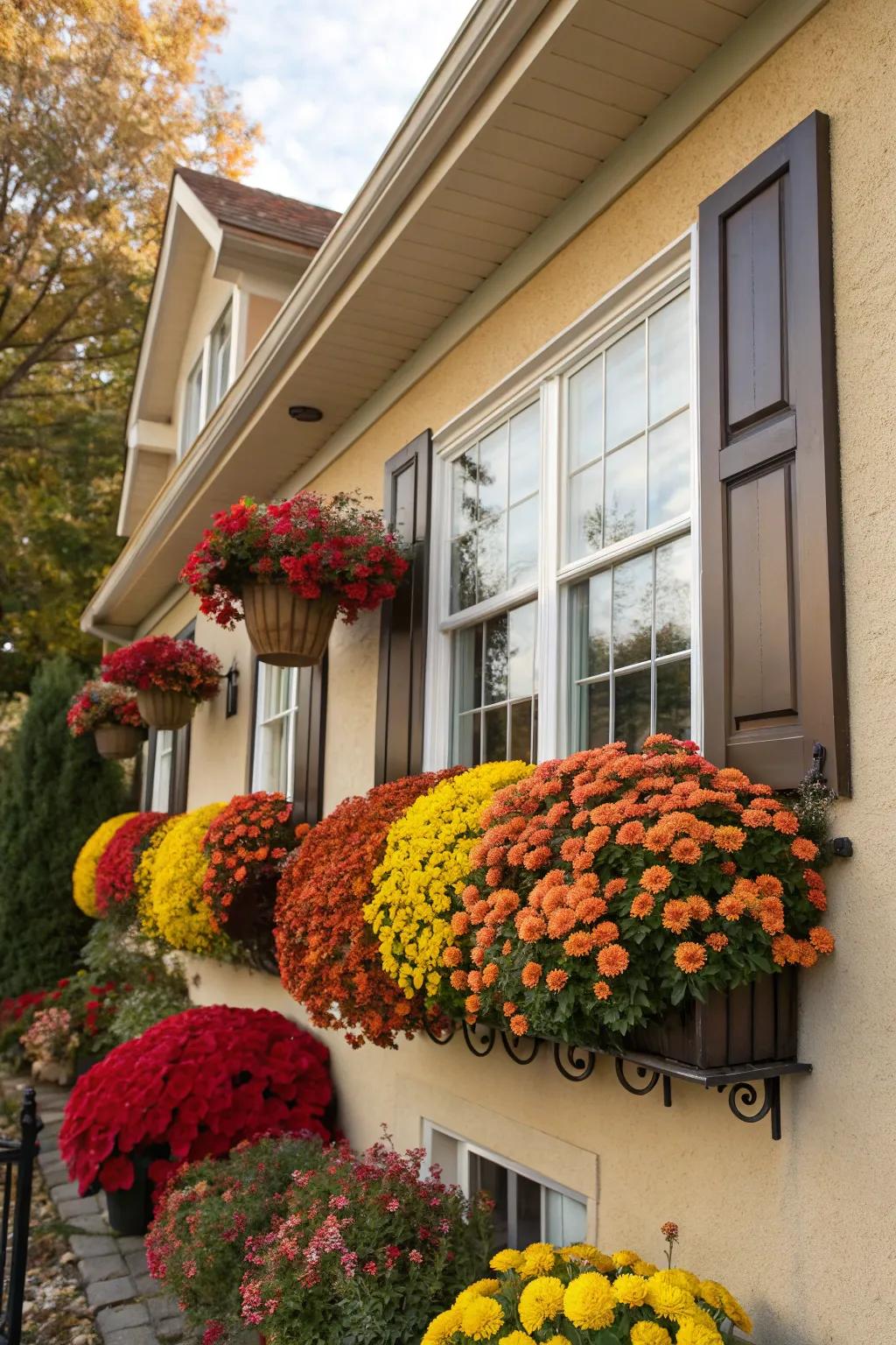 Vibrant window boxes with mums