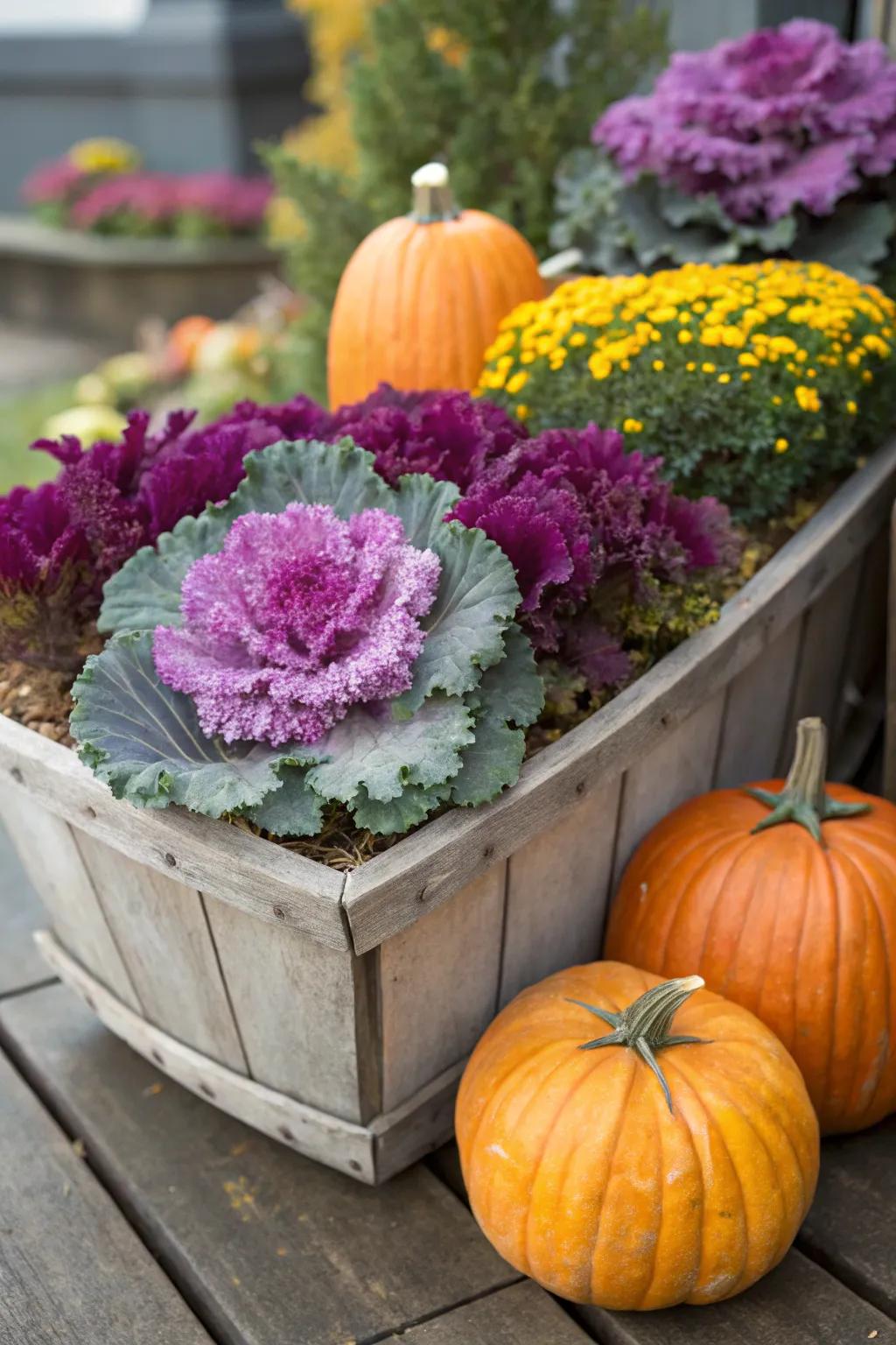 Fancy cabbage and squashes inject both hue and texture into any holder.
