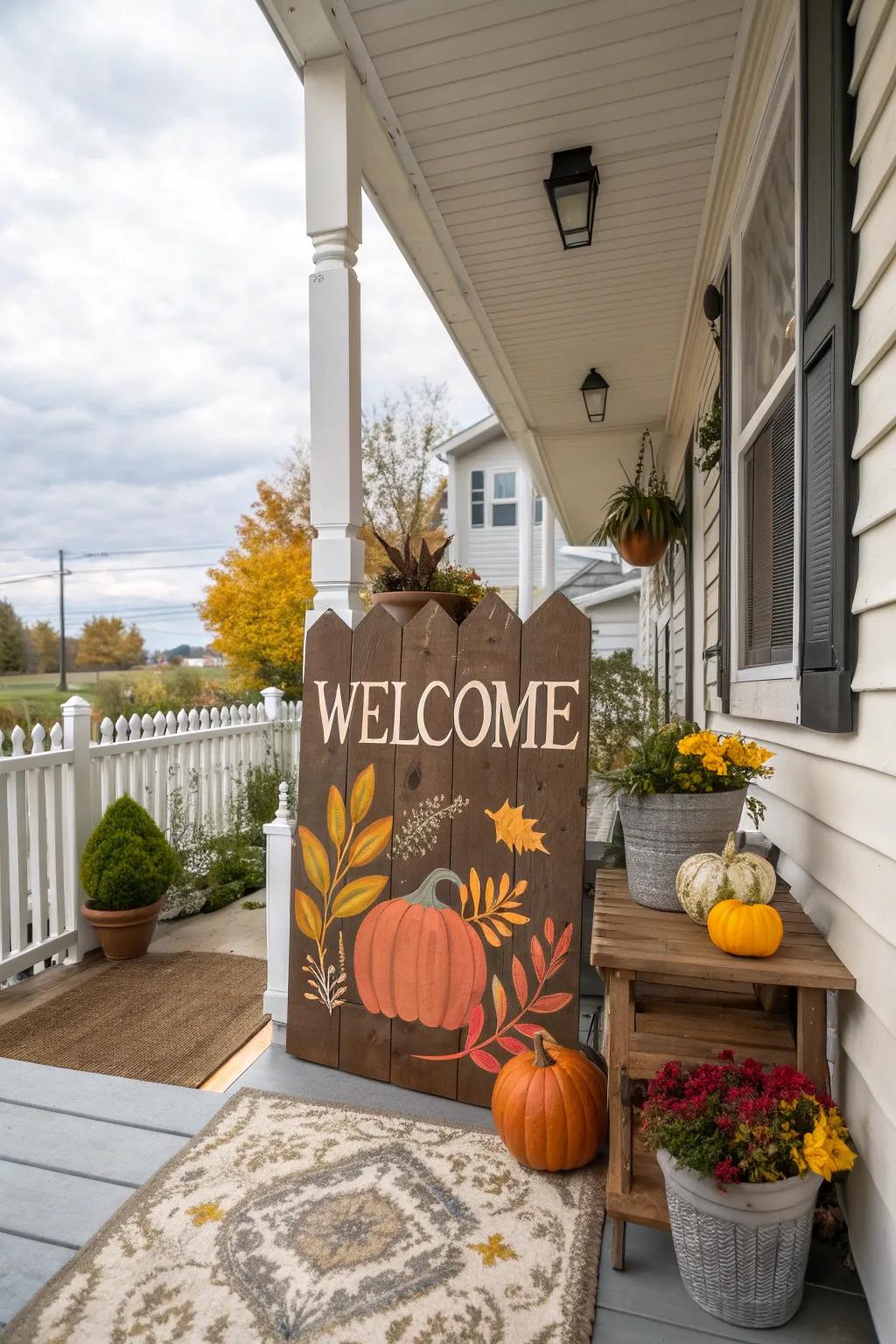 A personalized welcome sign adds a touch of fall flair to your porch.