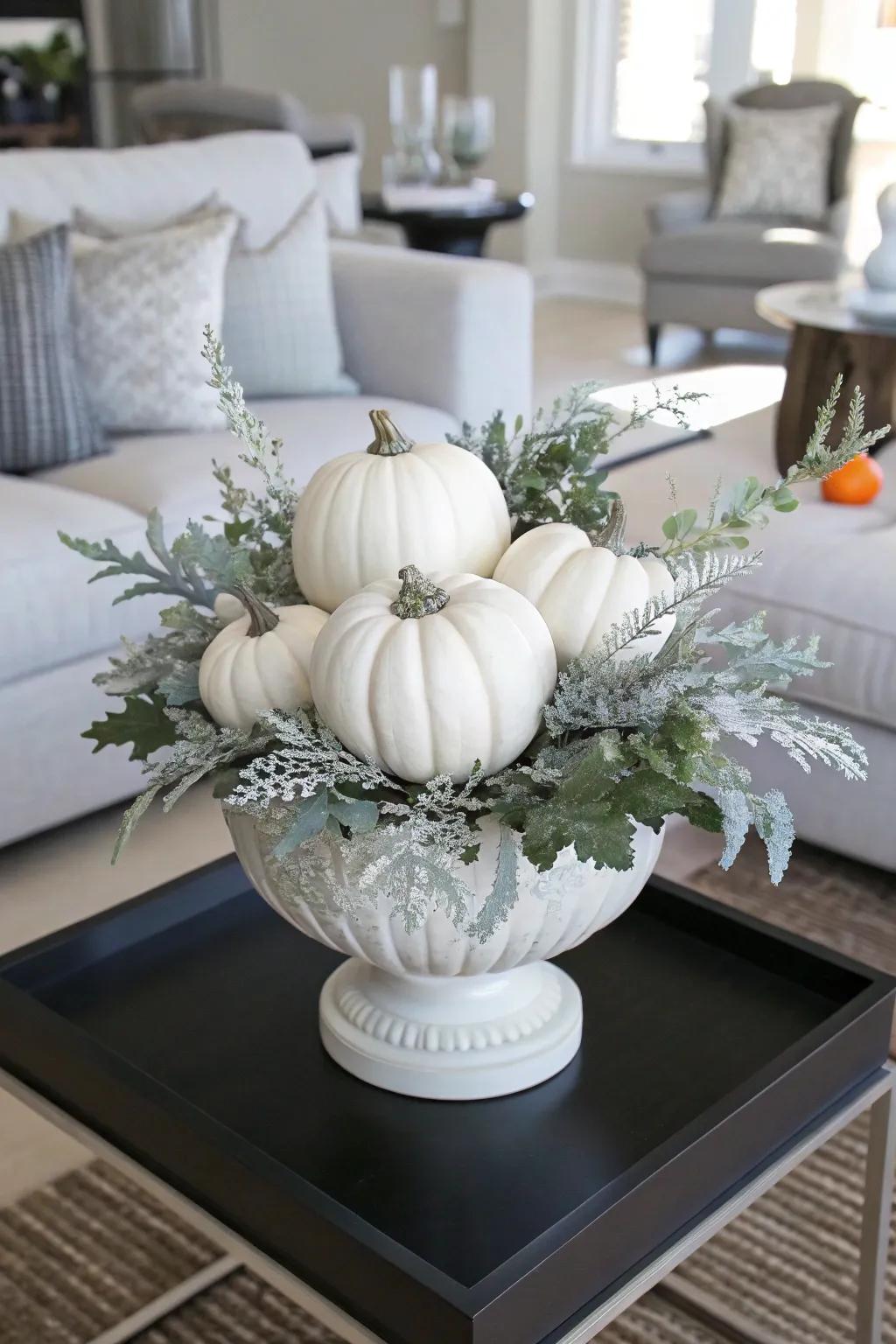 Sophisticated ivory spheres in a minimalist autumn urn.