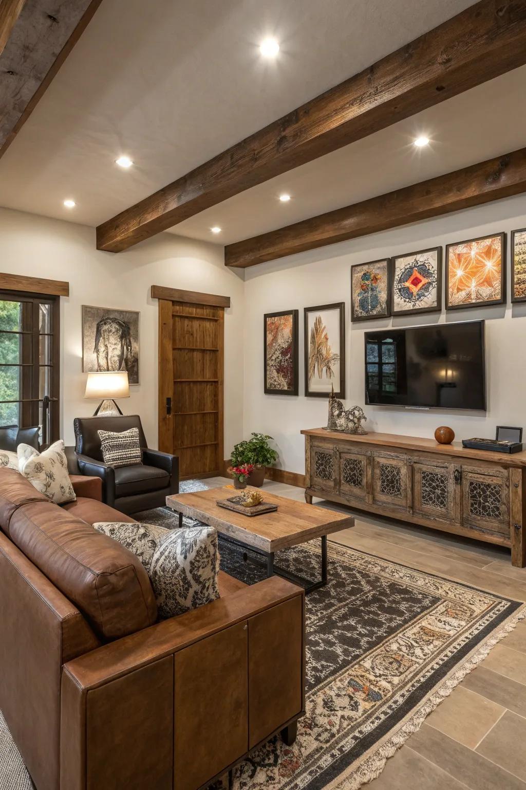 A family room that skillfully blends modern and traditional styles.