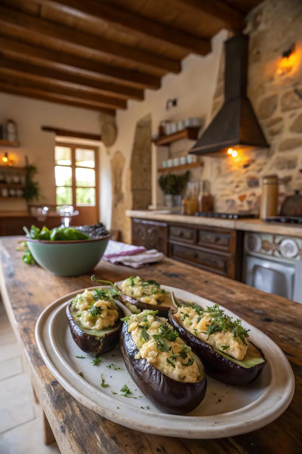 Stuffed eggplant boats create a fulfilling and graceful presentation.