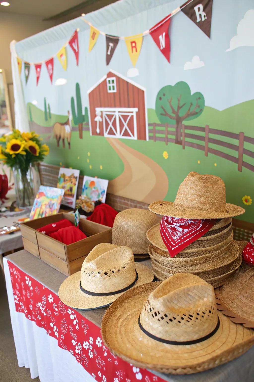 A farm-themed photo station featuring playful props generates picture-perfect occasions.