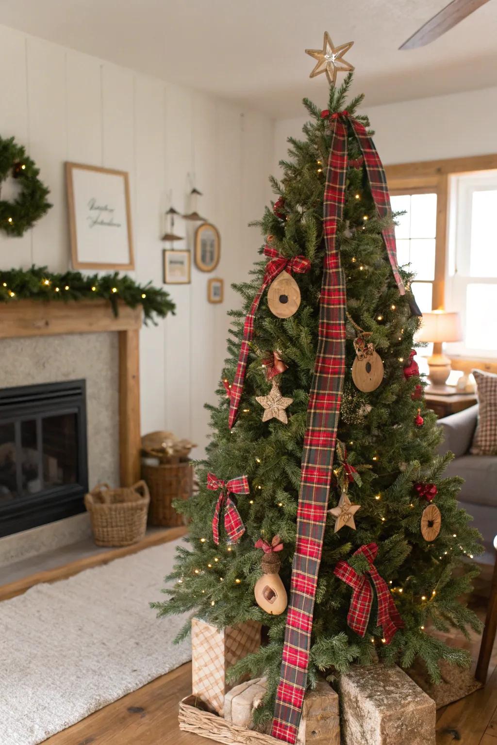 Tartan designs introduce a classic rustic touch to this farmhouse Christmas tree.