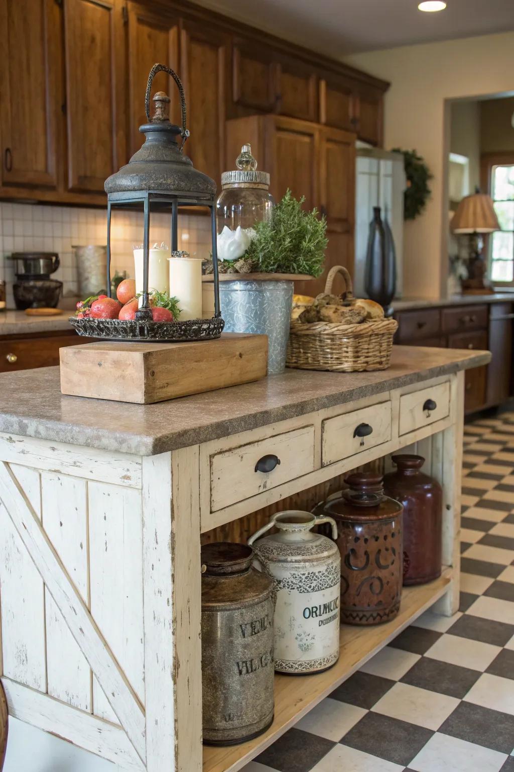 Vintage decor adds timeless elegance and a cozy vibe to the farmhouse kitchen.