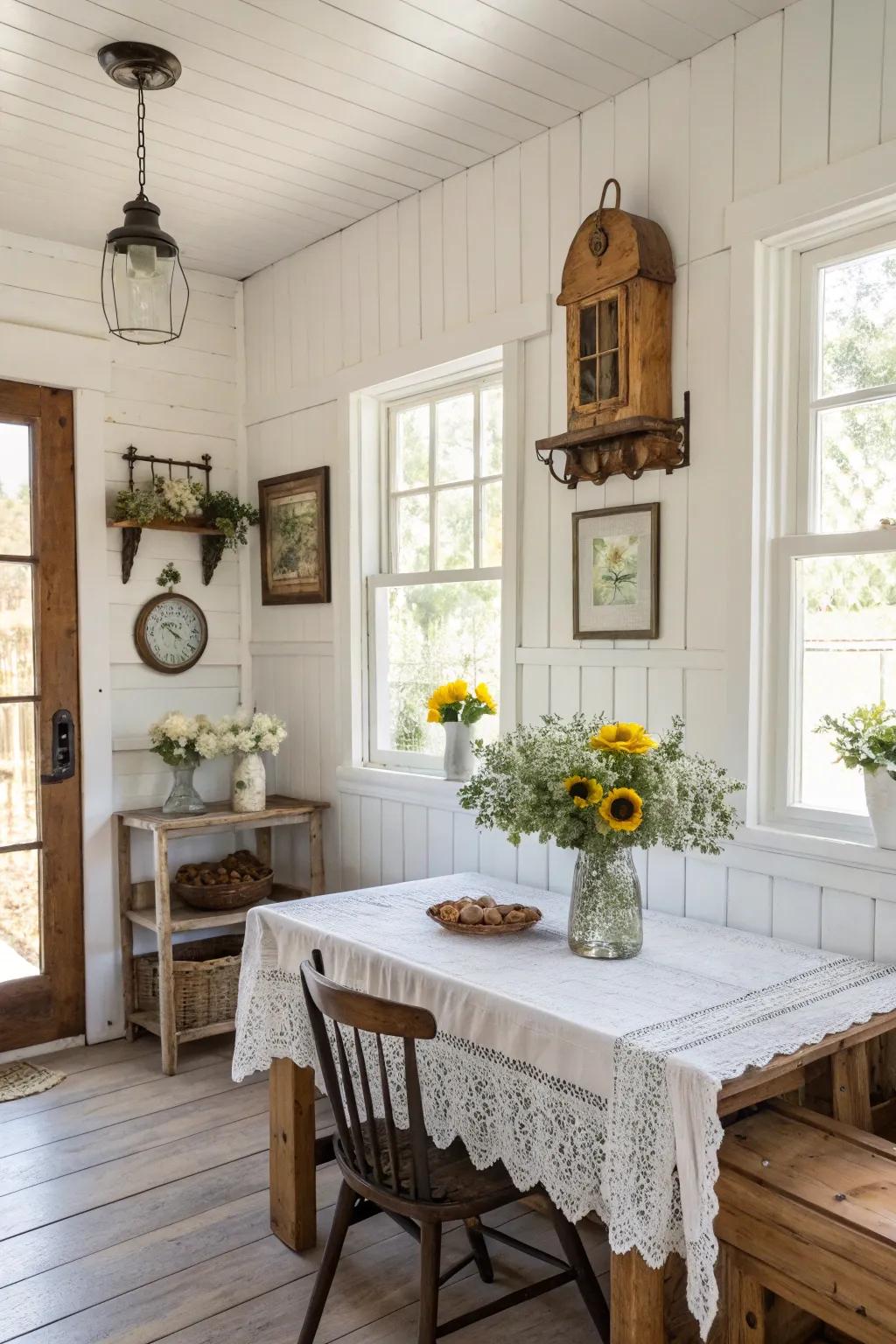 Classic white walls enhance the light and space in this country-style room.