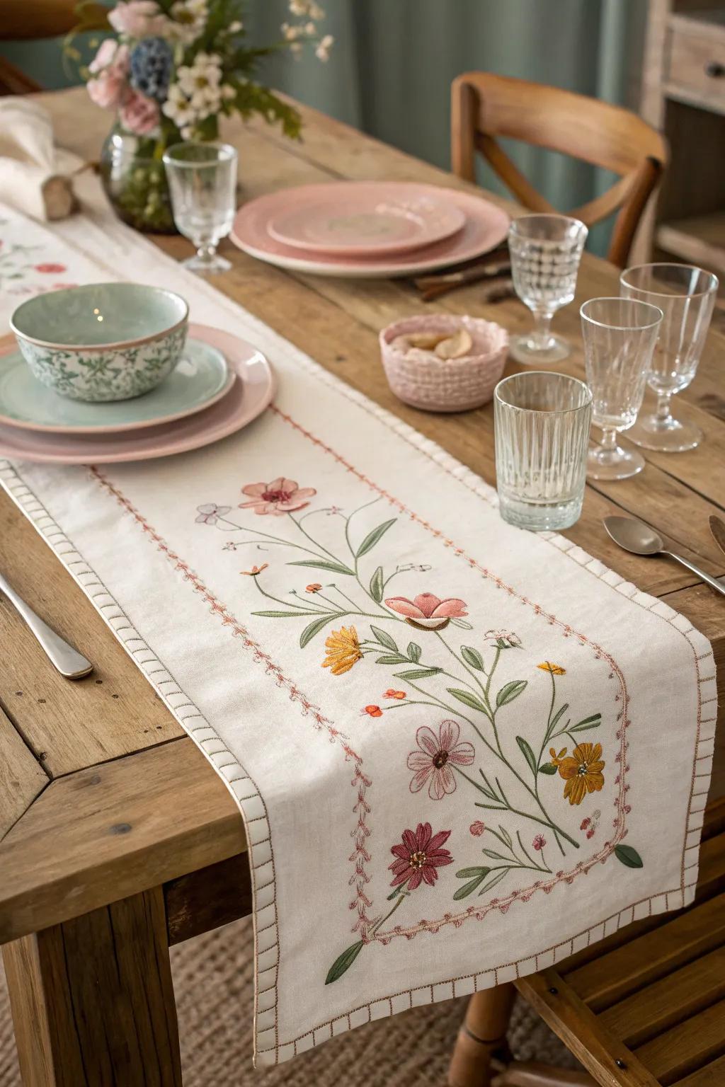 Floral stitchwork adds a vintage charm to the table.