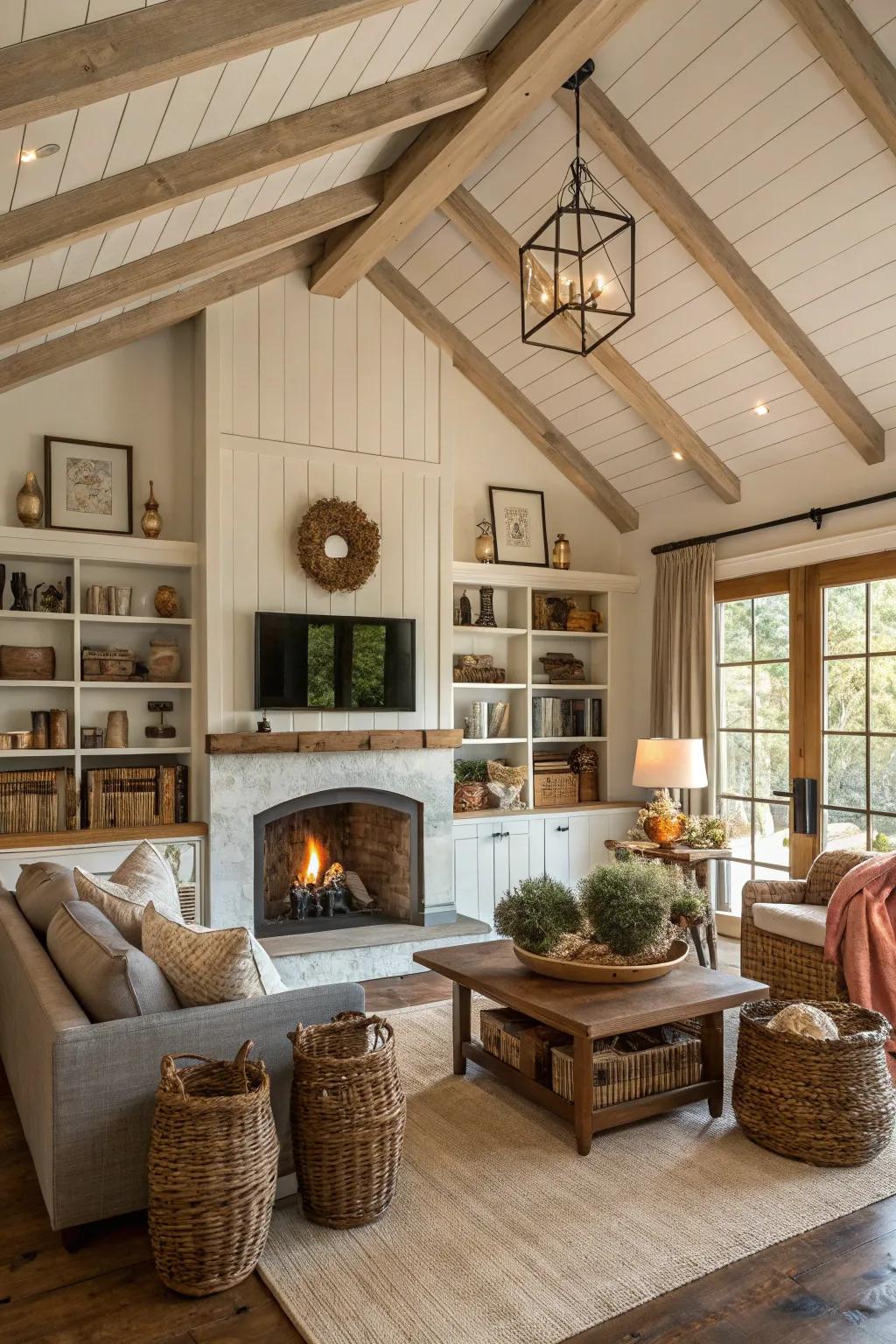 Built-in shelving framing a fireplace in a farmhouse living room.