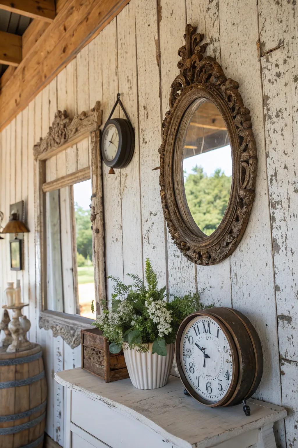 Antique pieces contributing a vintage flair to farmhouse walls.