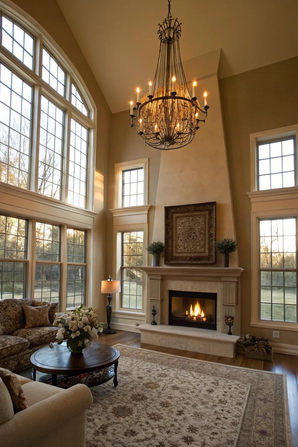An elegant chandelier adds luxury to this fireplace-centered room.