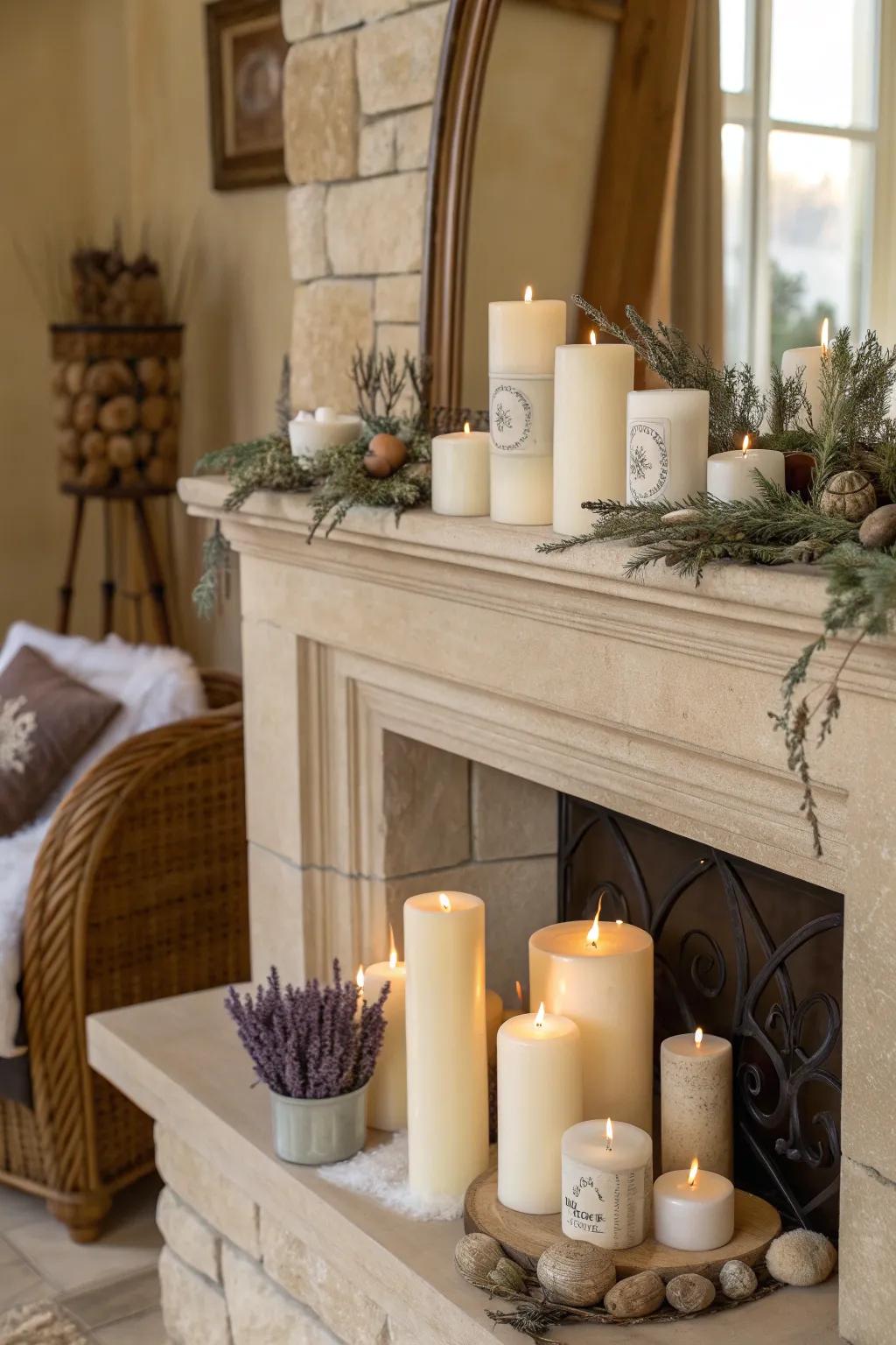Earthy shades impart an impression of tranquility and harmony to your radiant hearth.