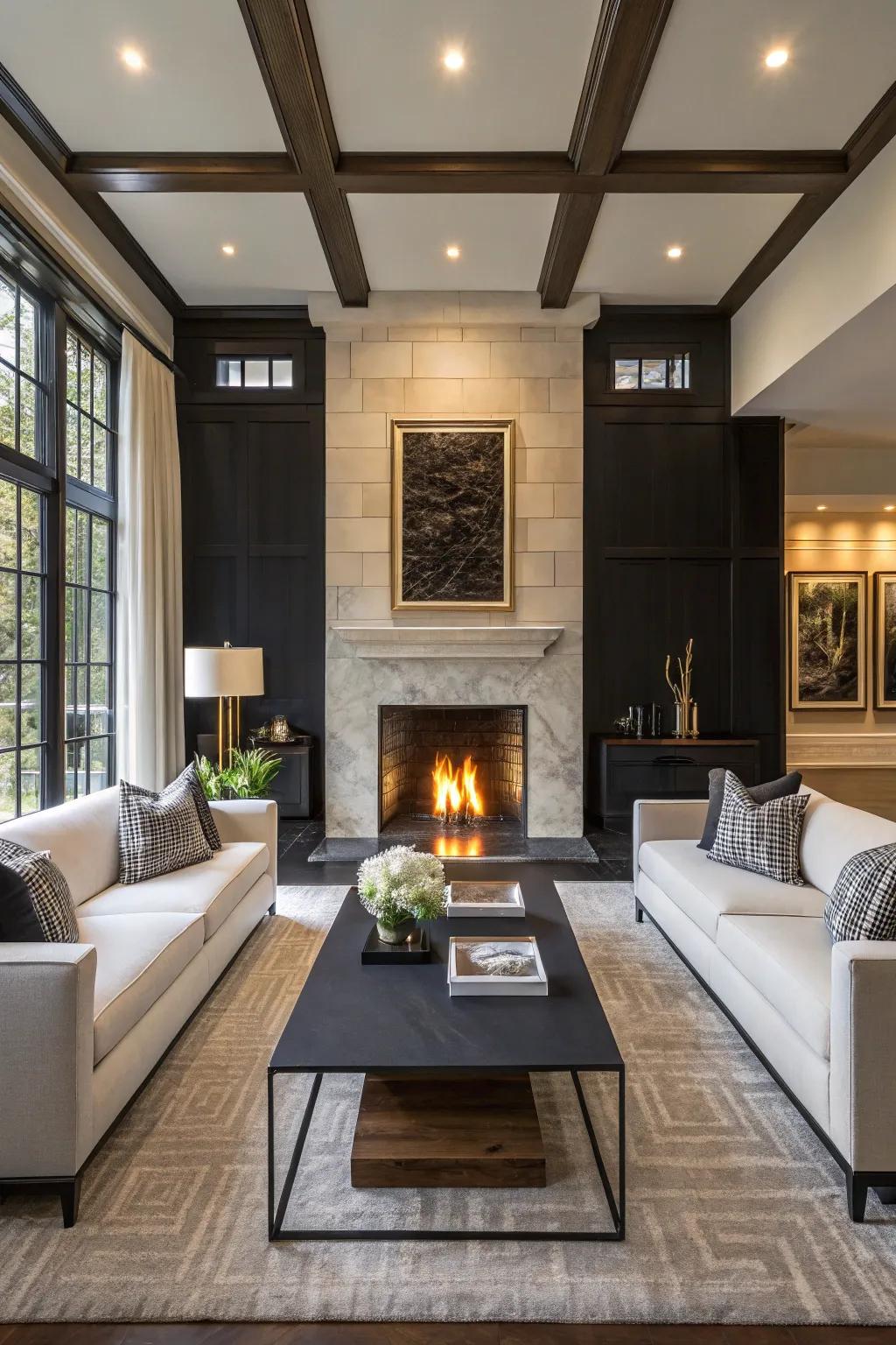 A contemporary living space presenting a fireplace distinguished by a striking contrast of hues.