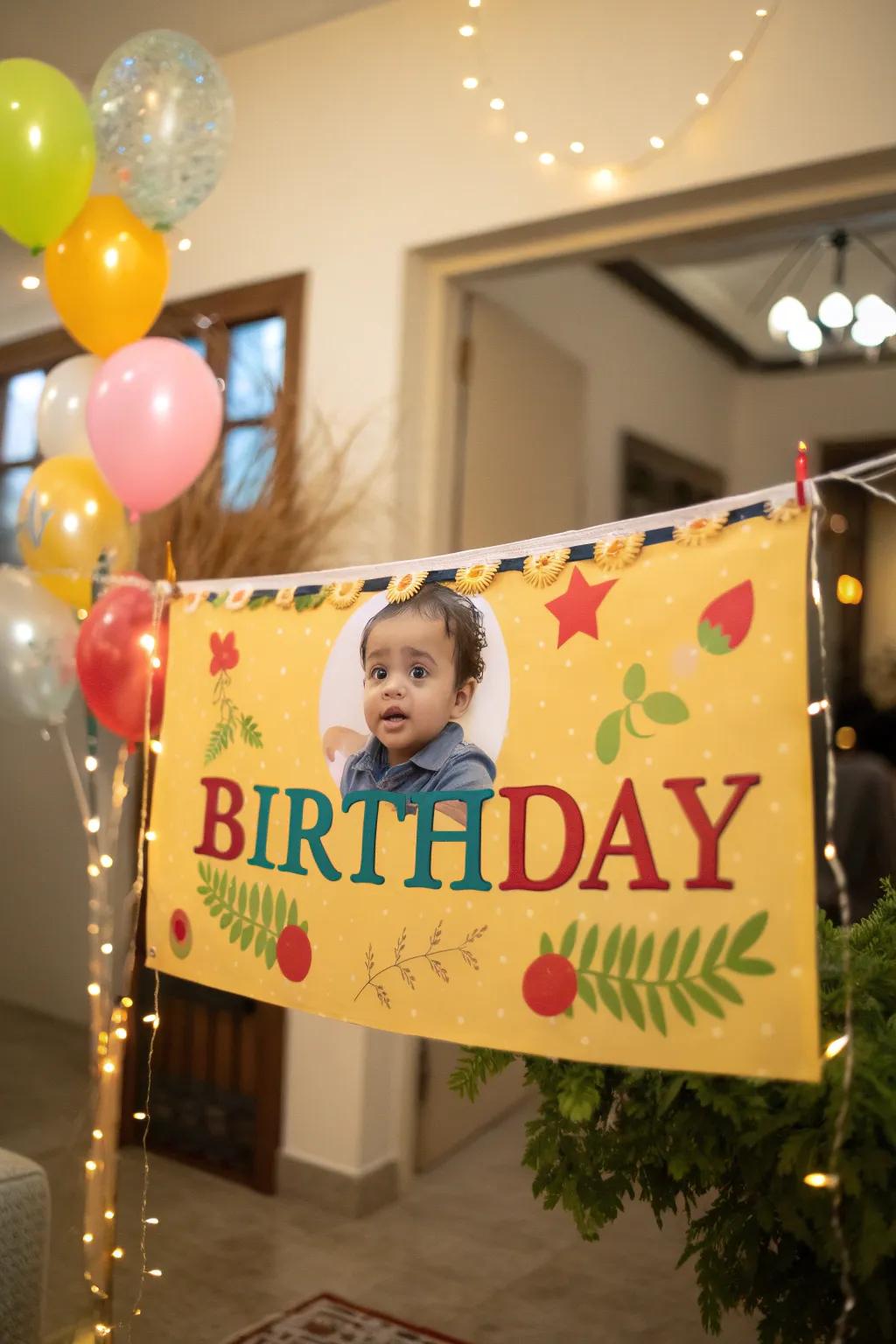 A personalized banner contributes a special nuance to the first birthday gathering.