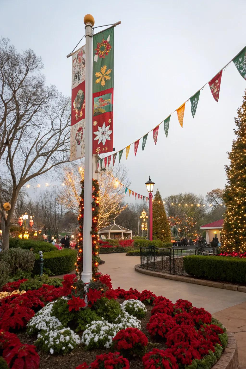 Seasonal decor delivers a lively and celebratory accent to flagpoles.