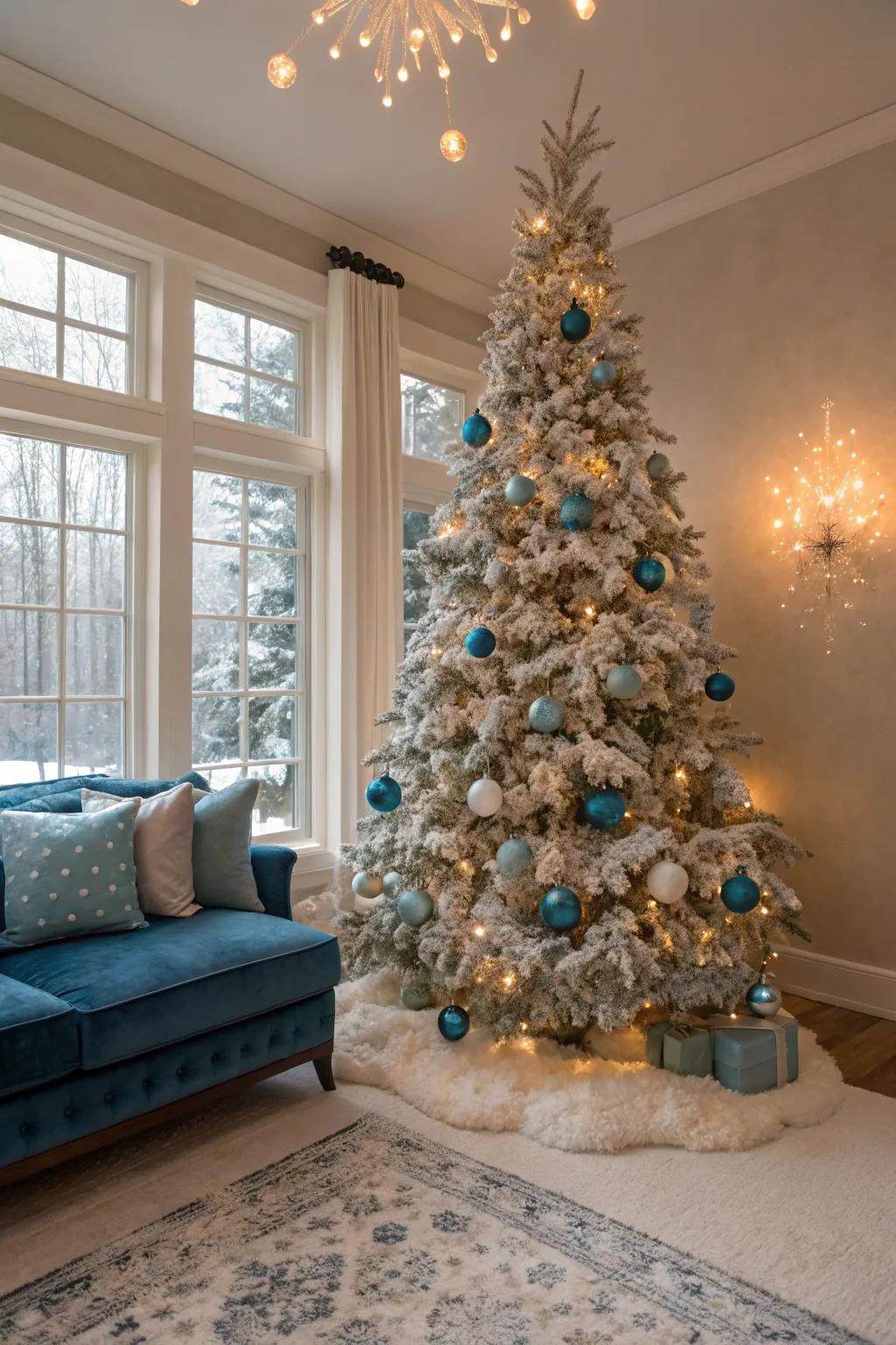 A flocked Christmas tree with an azure and silver theme.