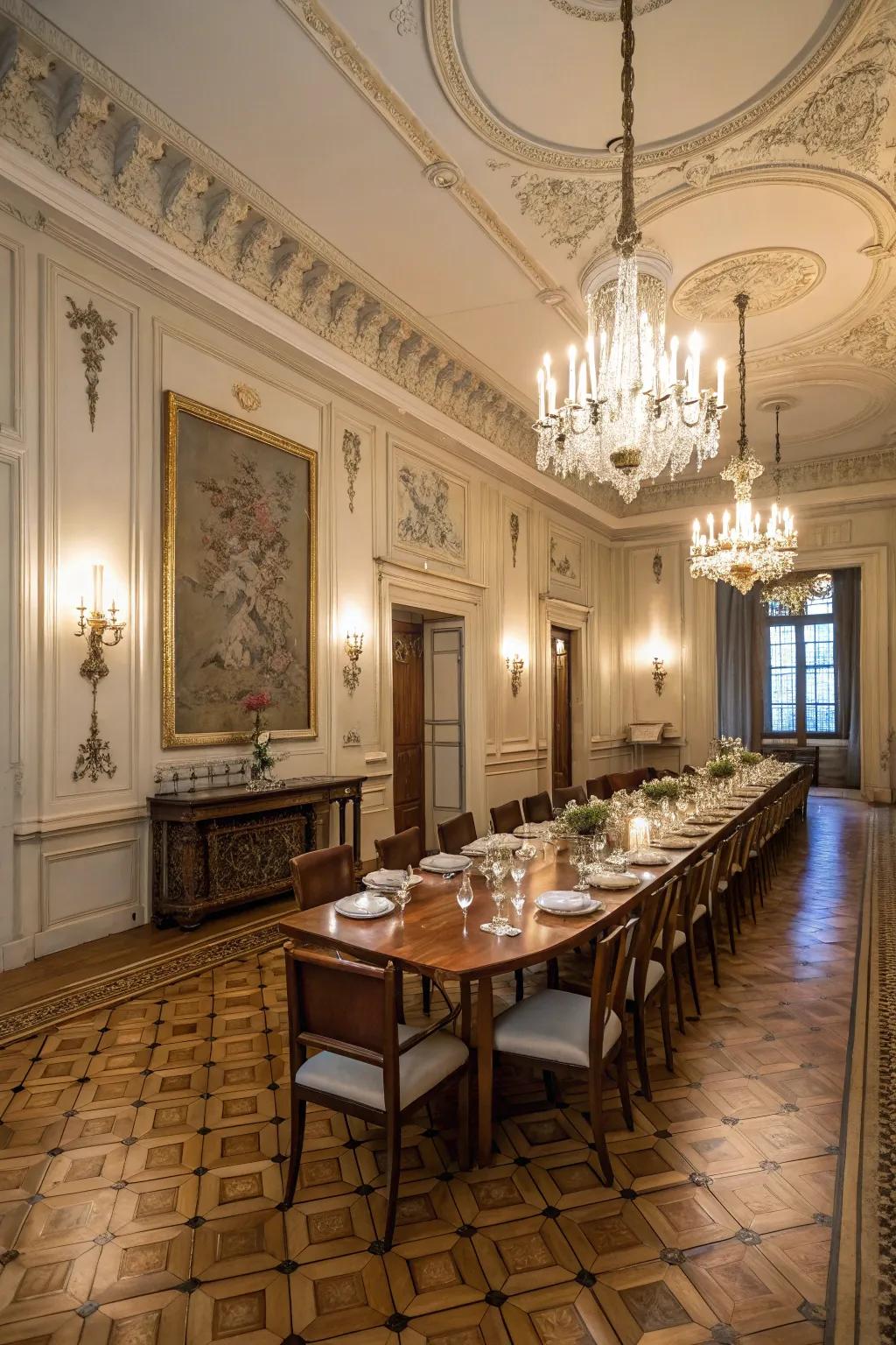 Parquet floors convey timeless elegance and intricate design.