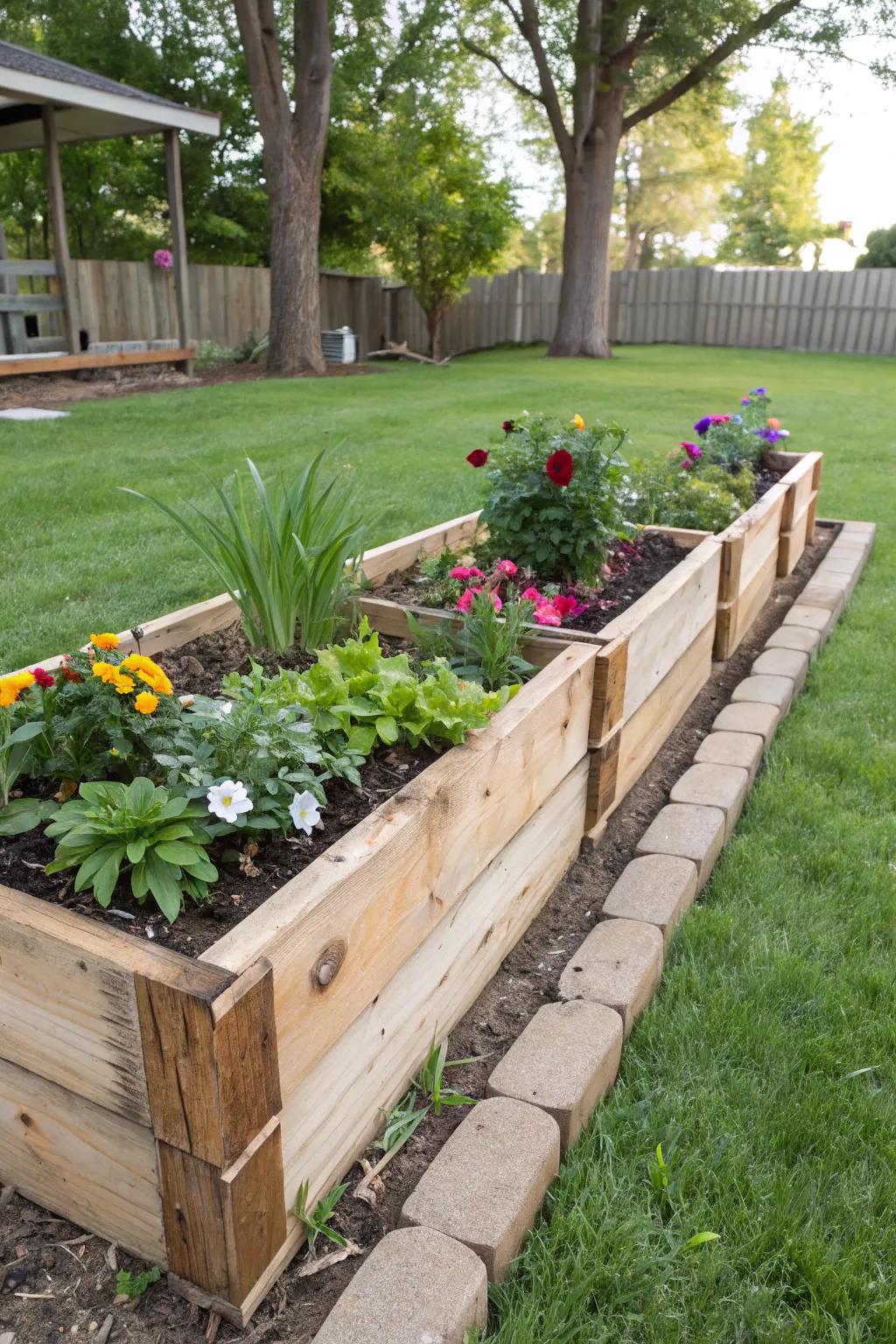 Repurposed skid wood generates appealing and eco-conscious flower patch borders.