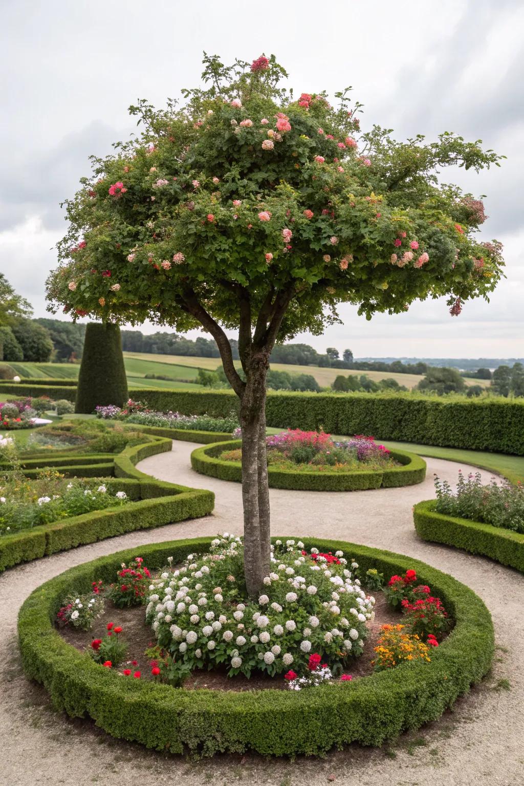 A circular flower bed enriches the natural beauty of this tree.