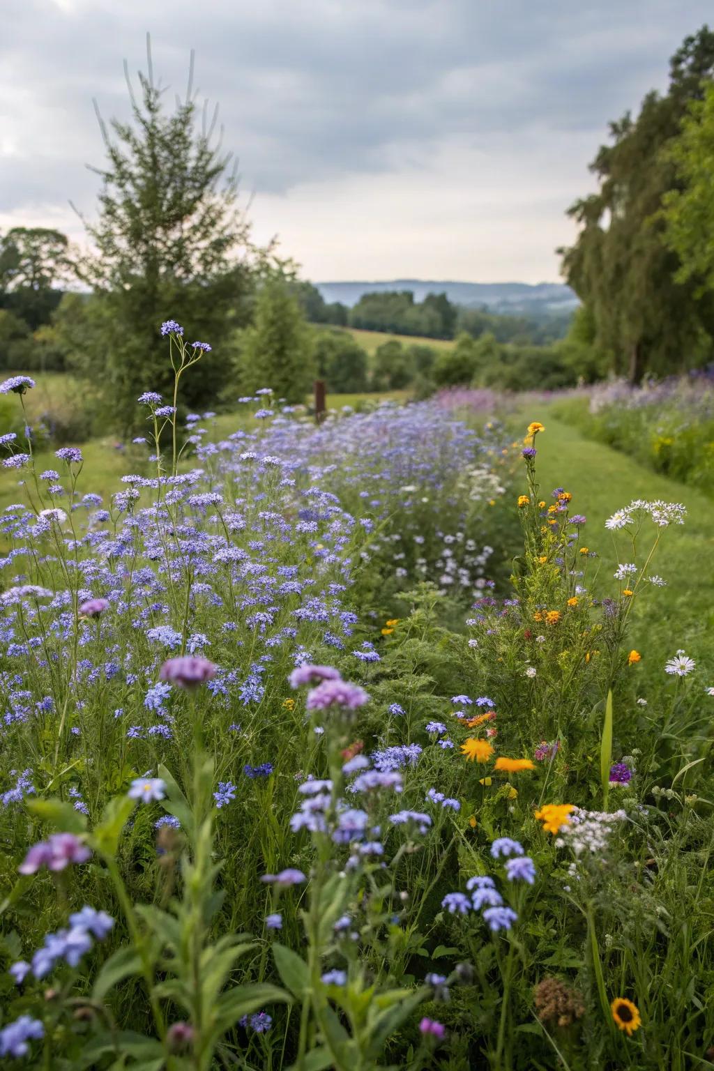 Unstructured layouts permit forget-me-nots to radiate in their untamed splendor.