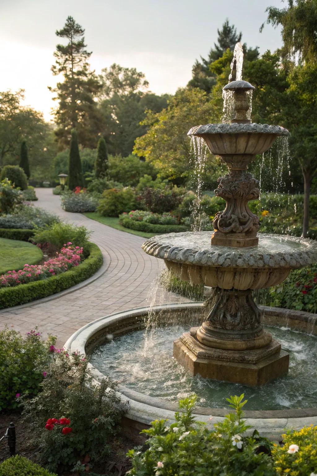 A sculptural water feature that serves as an art piece in the garden.