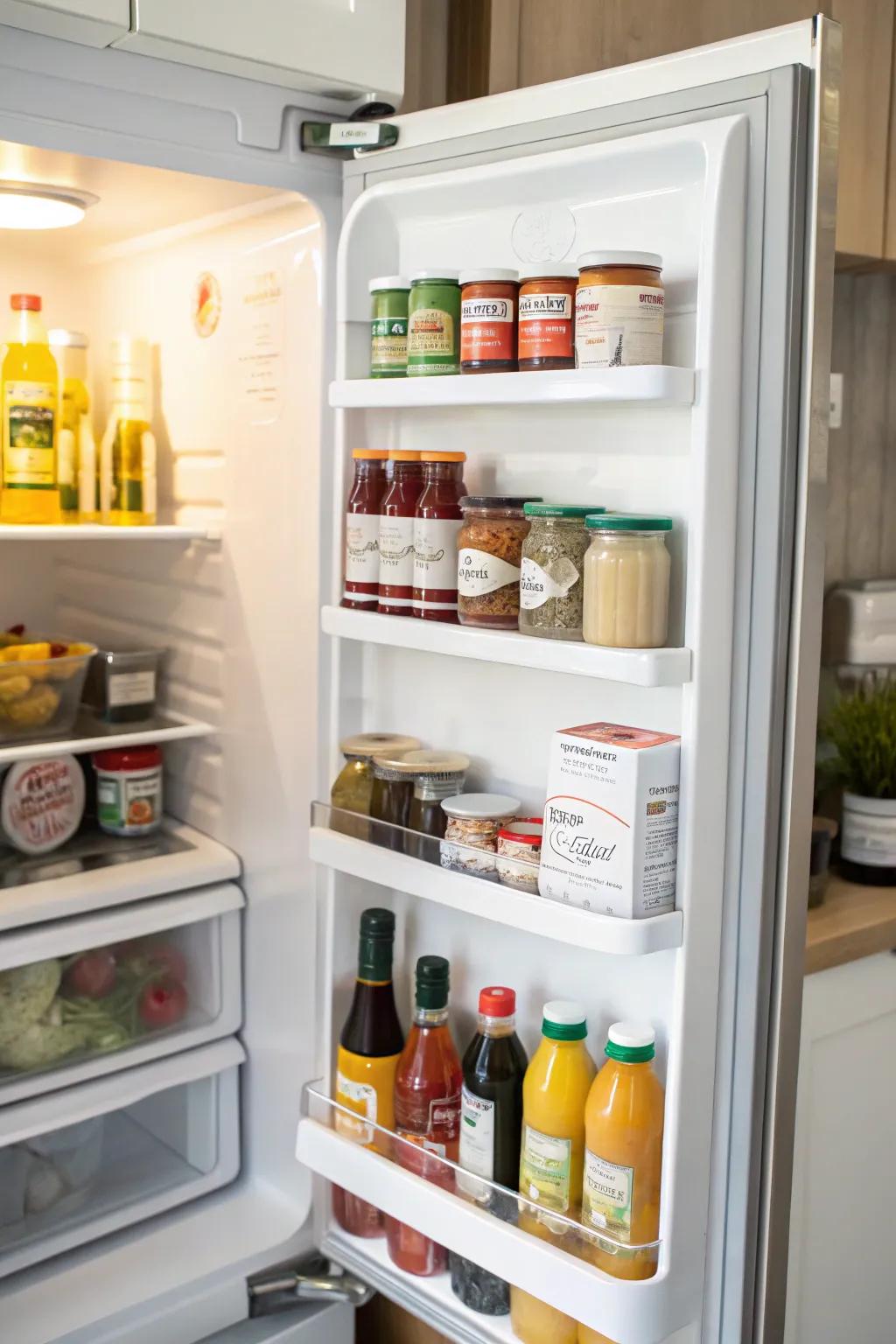 Refrigerator door space efficiently used for condiments.