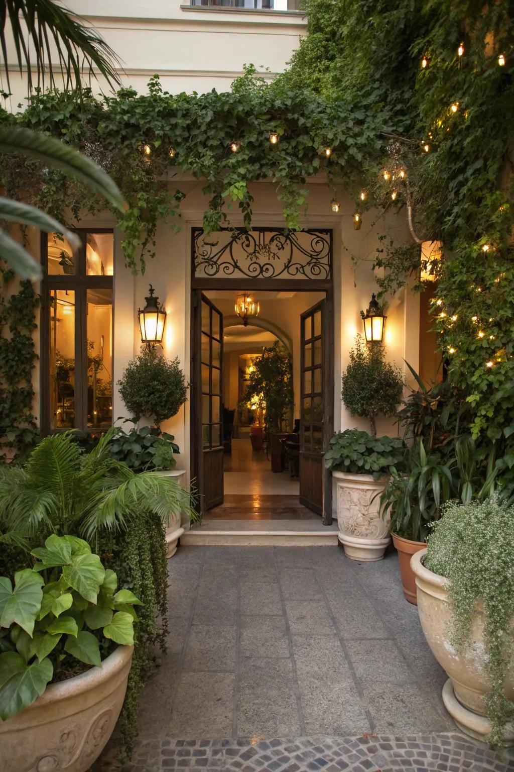 An entrance is enhanced by lighting combined with greenery.