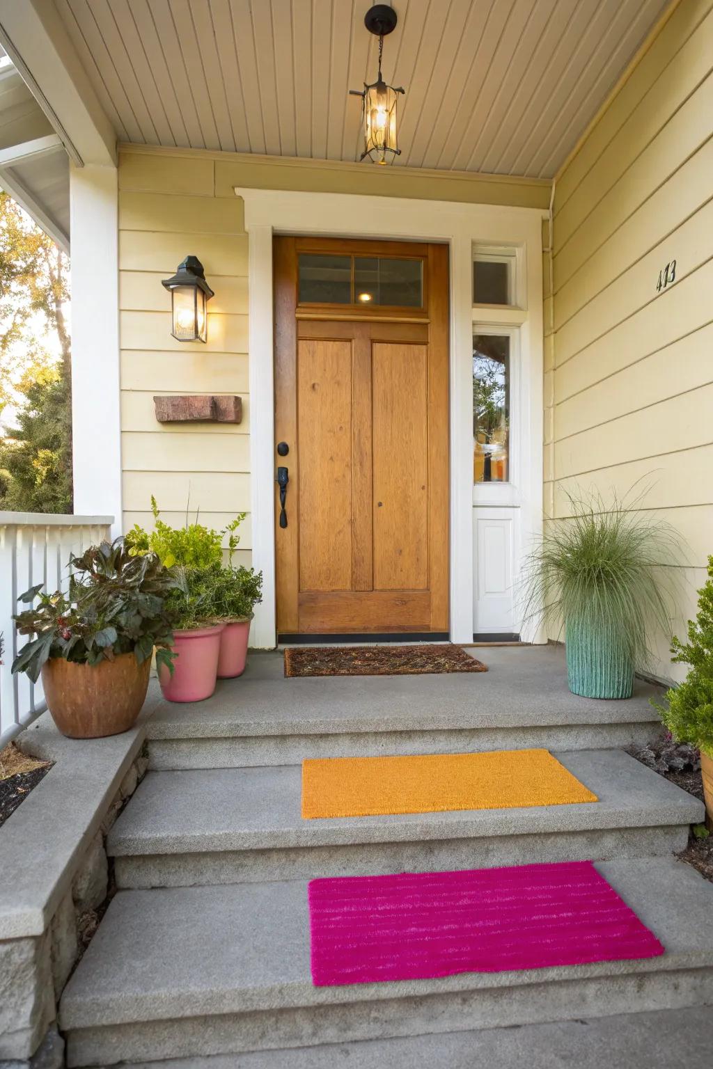 A brightly colored doormat adding cheer to the entrance.